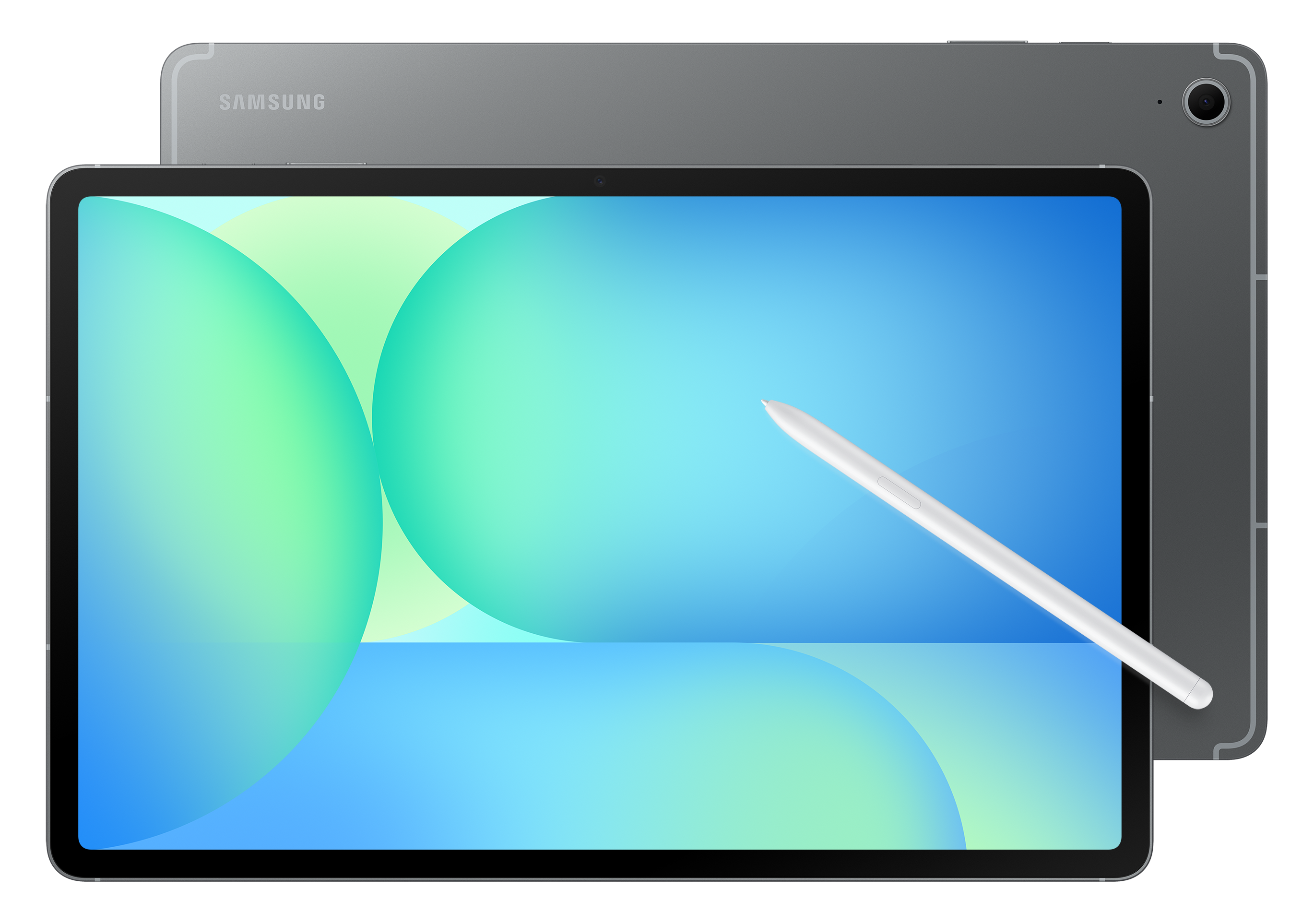Tablet Samsung z rysikiem, niebieskim i zielonym tłem.
