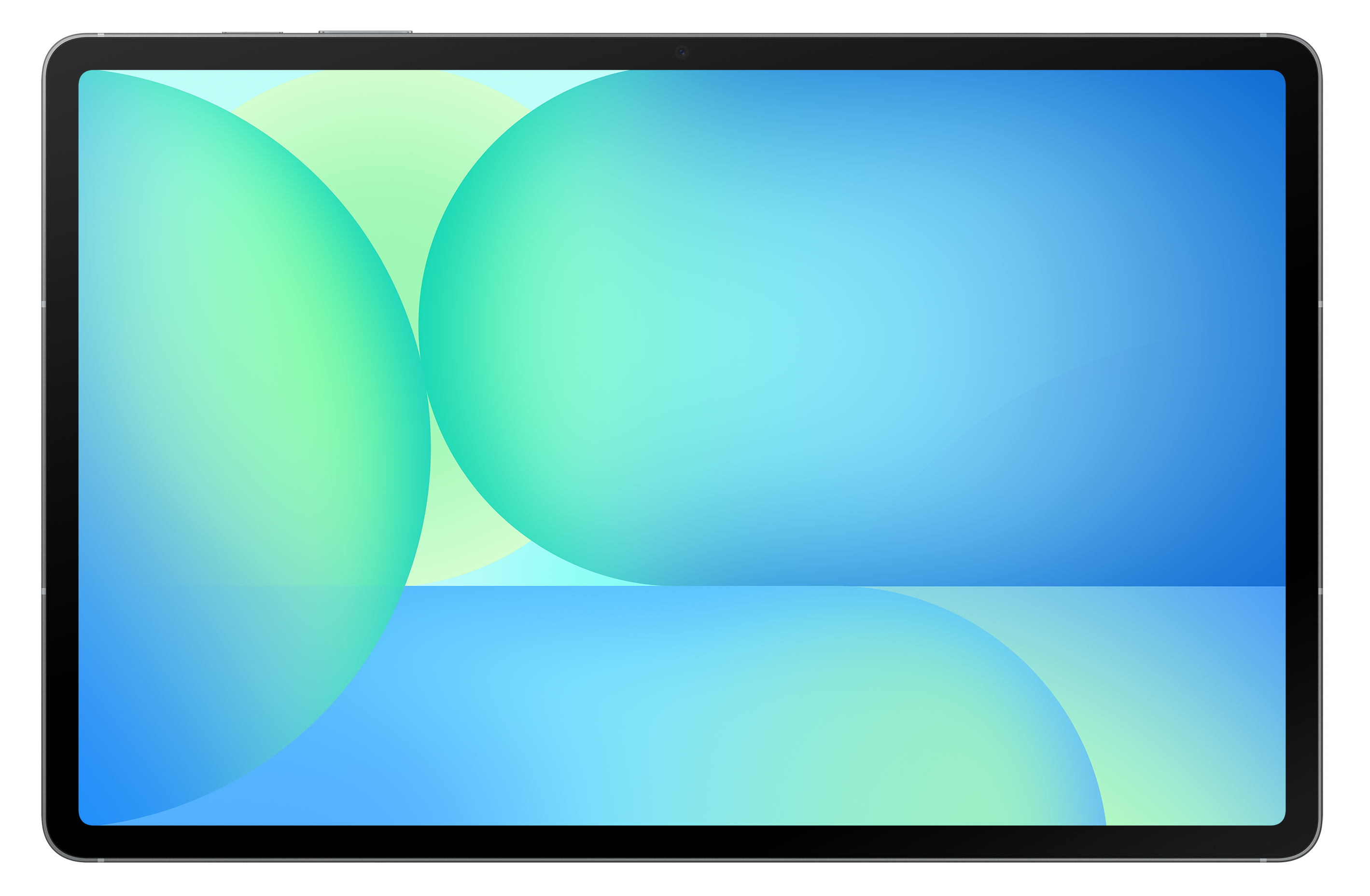 Tablet z kolorowym ekranem na czarnym tle, pokazujący gradientowy wzór.