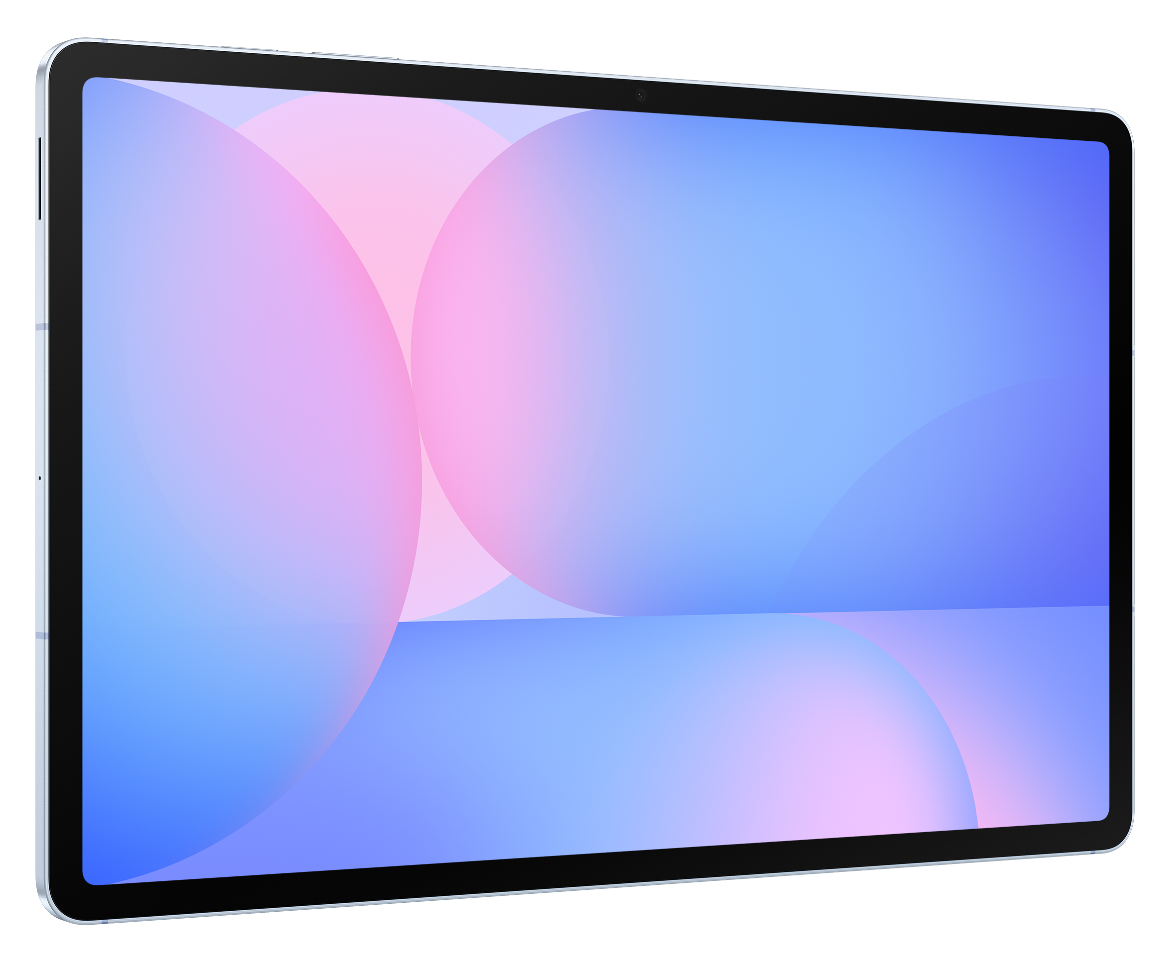 Tablet z jasnoniebieską ramką i ekranem wyświetlającym gradient różowych i niebieskich kół.