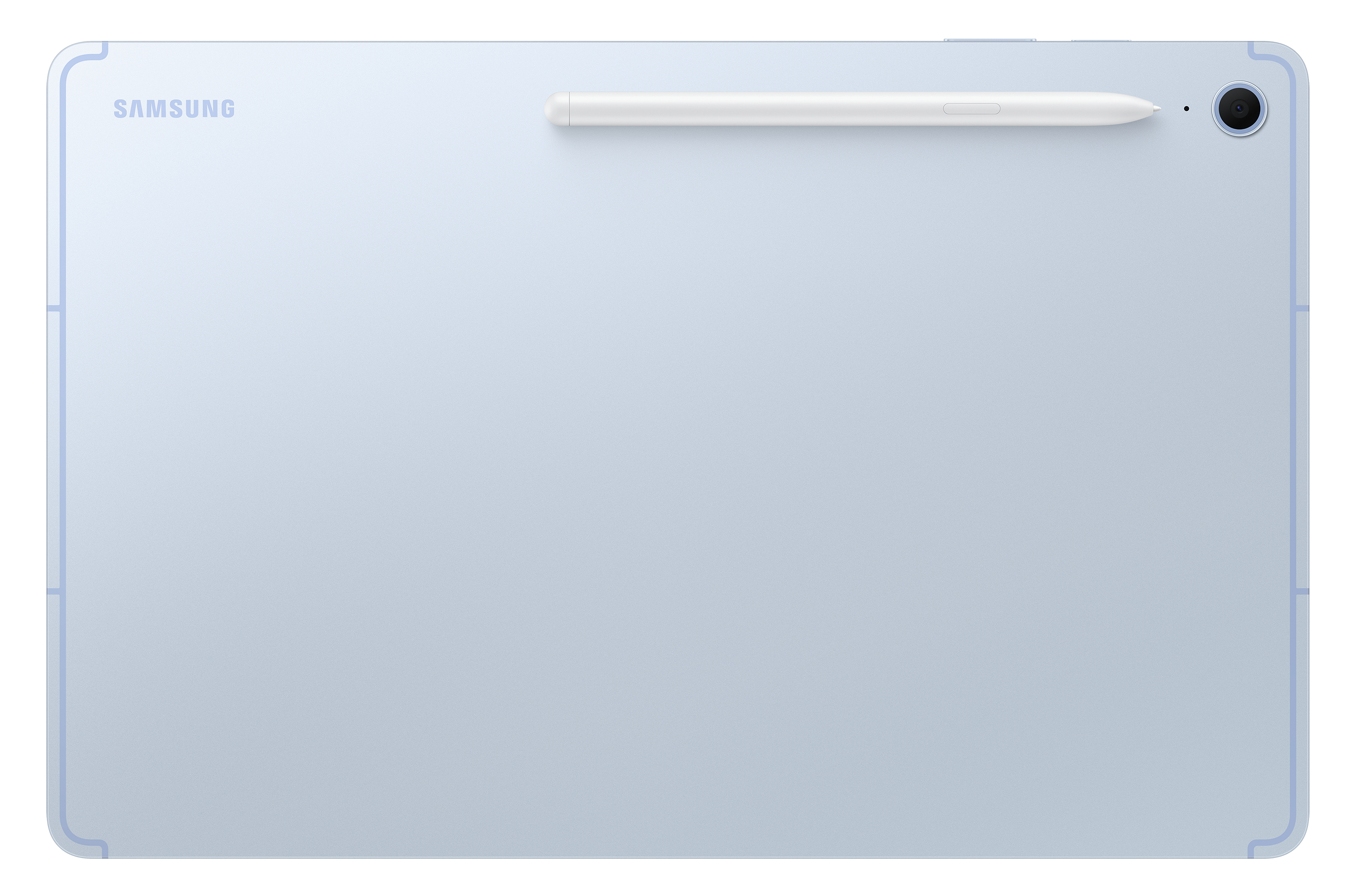Jasnoniebieski tablet z rysikiem, logo Samsung u góry po lewej i aparat.