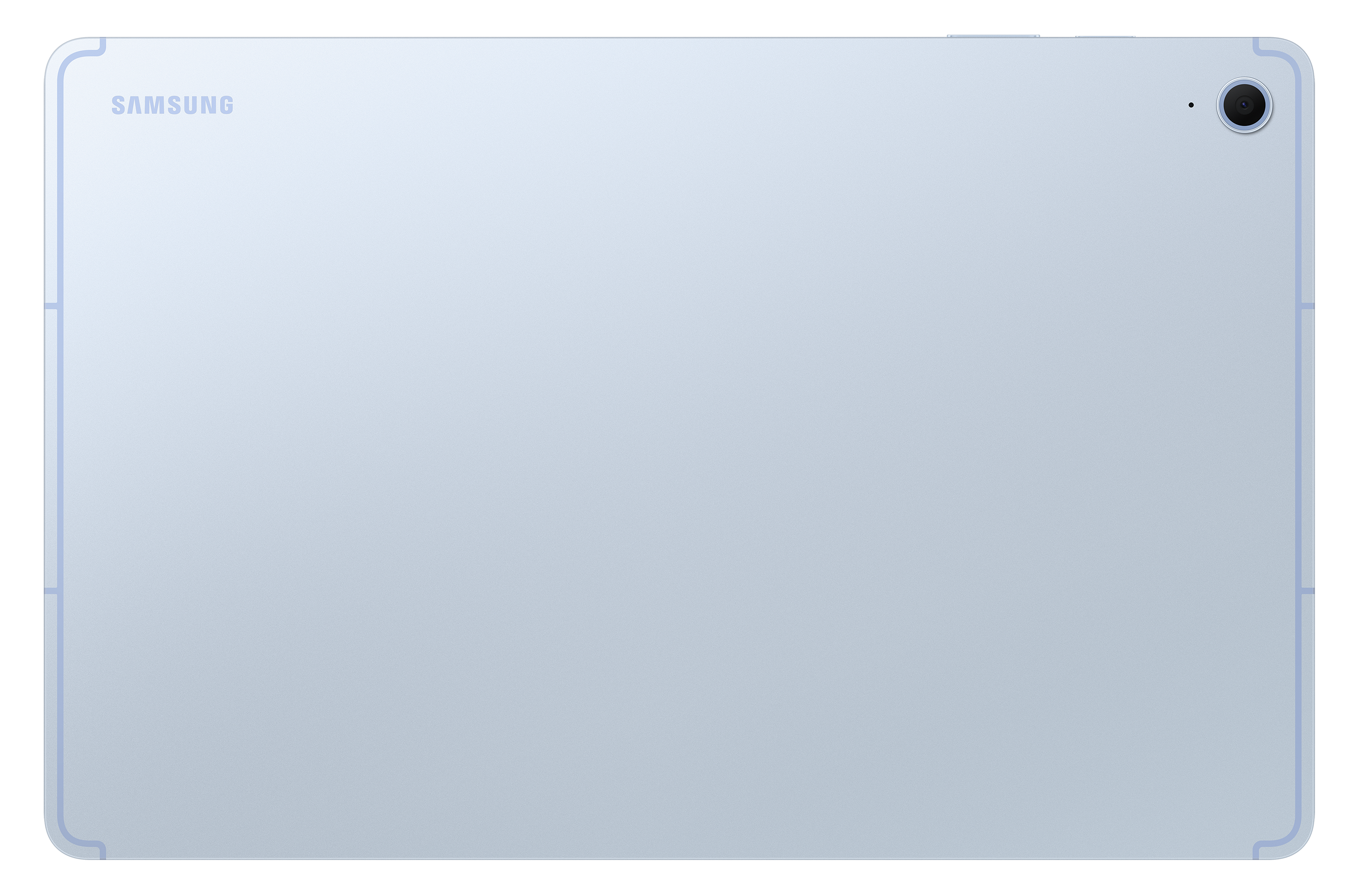 Niebieski tablet, widok z tyłu, z obiektywem aparatu po prawej stronie u góry.