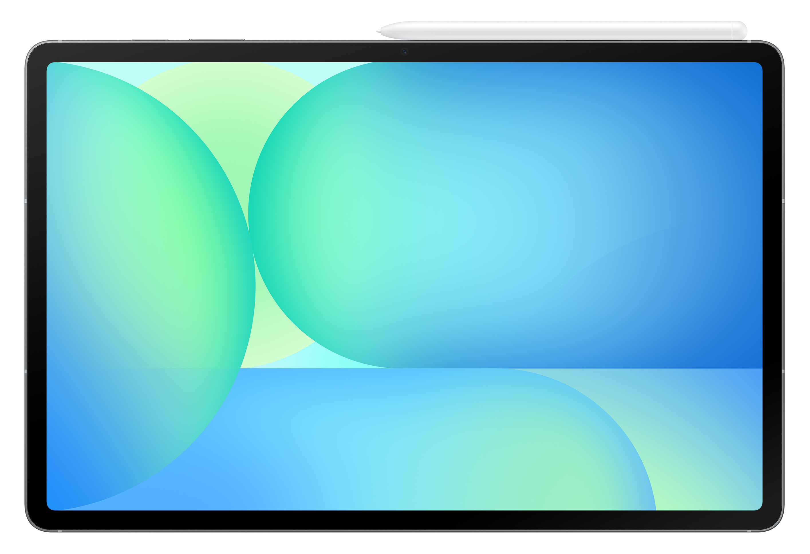 Tablet z niebiesko-zielonym abstrakcyjnym tłem. Biały rysik na górze.