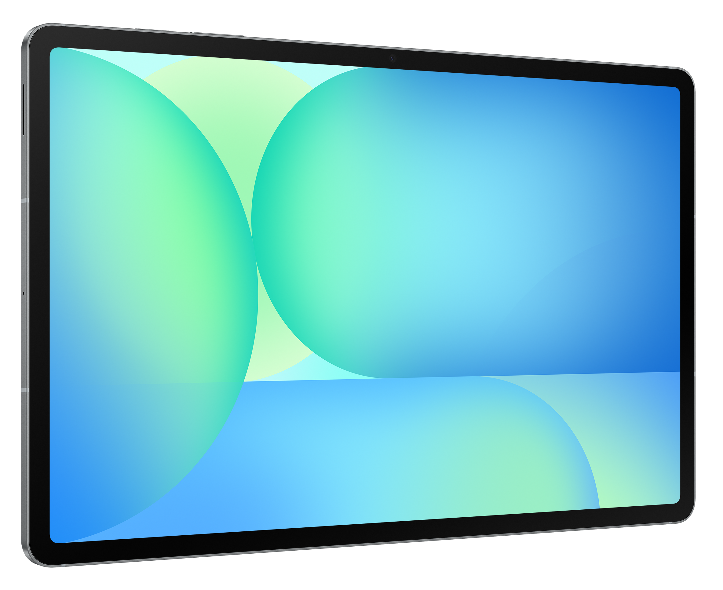 Tablet z niebiesko-zielonym abstrakcyjnym obrazem.