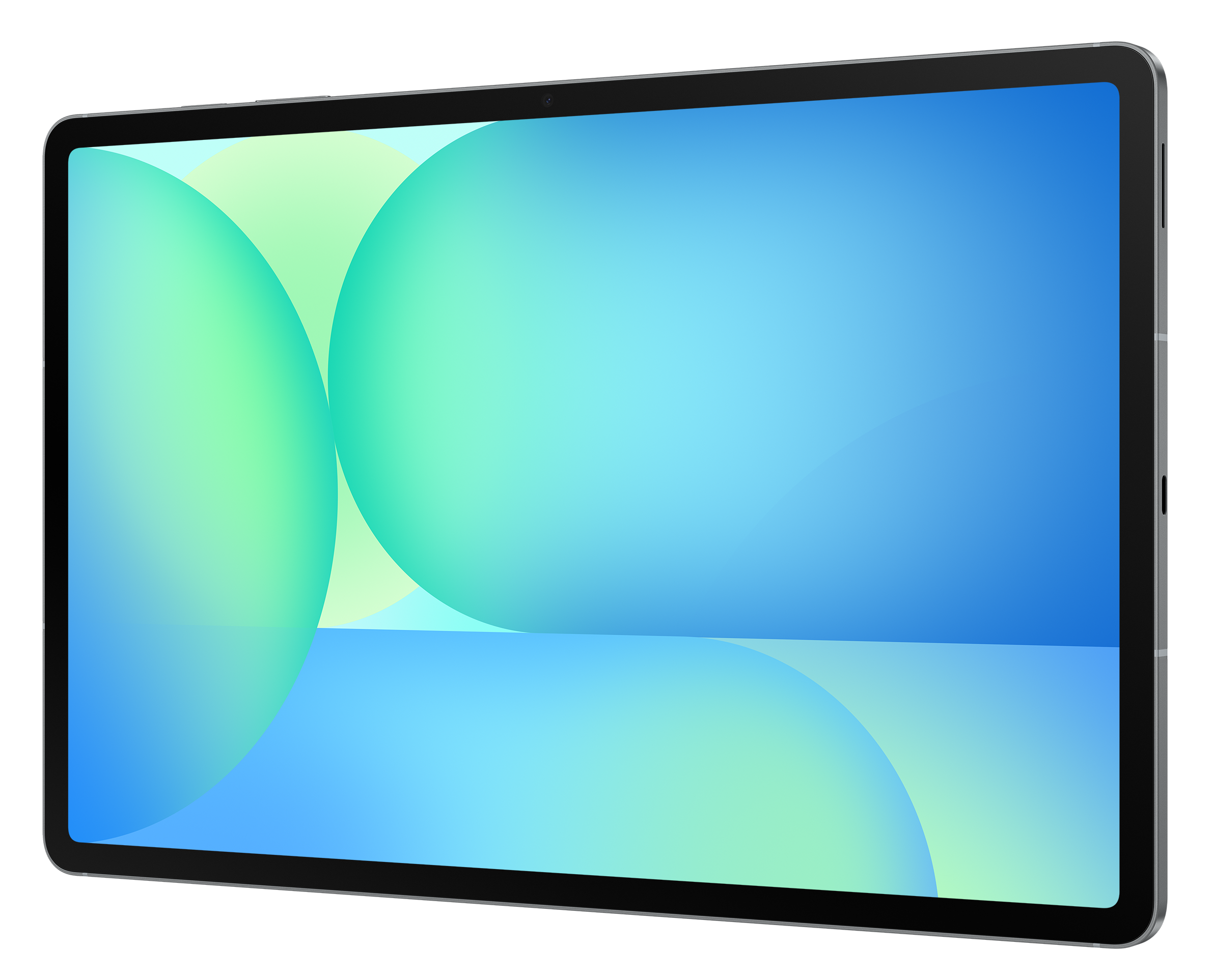 Tablet z czarną ramką, ekran wyświetla niebiesko-zielony abstrakcyjny wzór.