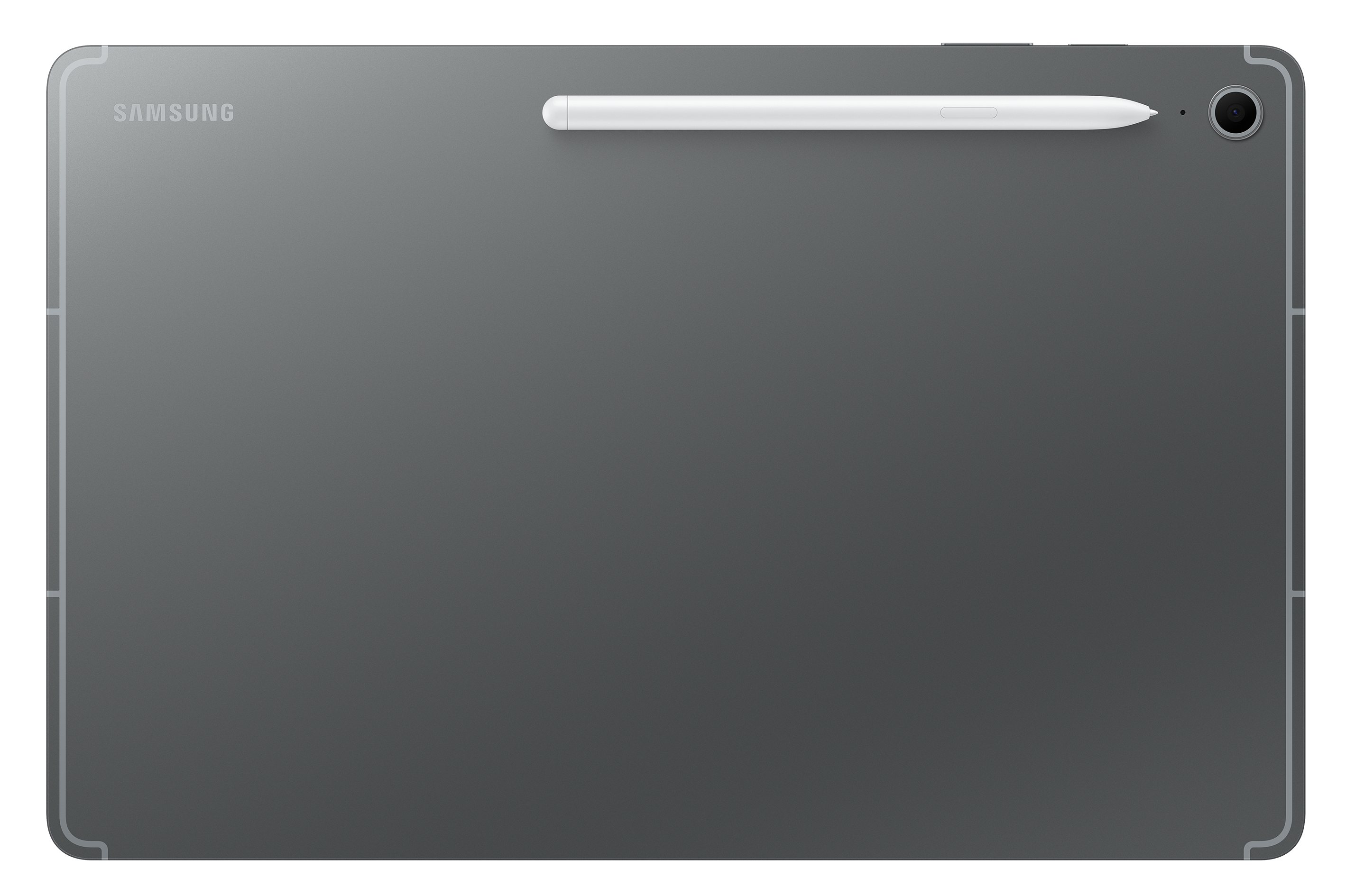 Tył szarego tabletu z dołączonym rysikiem i aparatem.