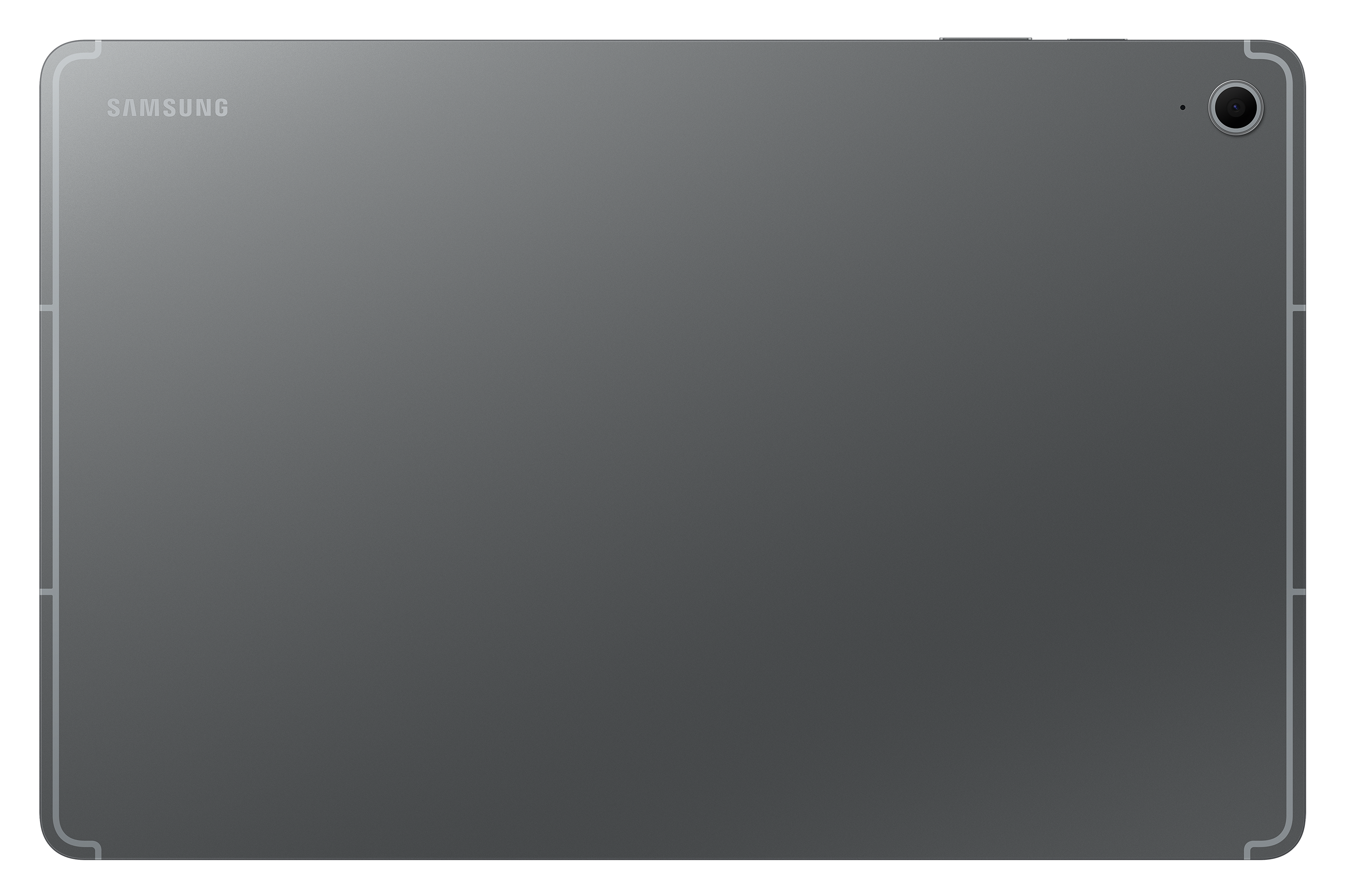 Widok z tyłu szarego tabletu z logo Samsung i obiektywem aparatu.