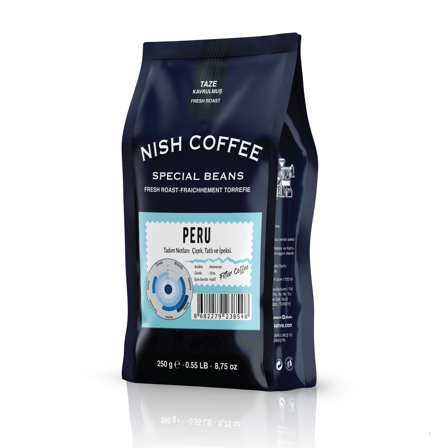 Mavi Nish Coffee çantası, metin, tat notları tablosu ve bilgilerle.
