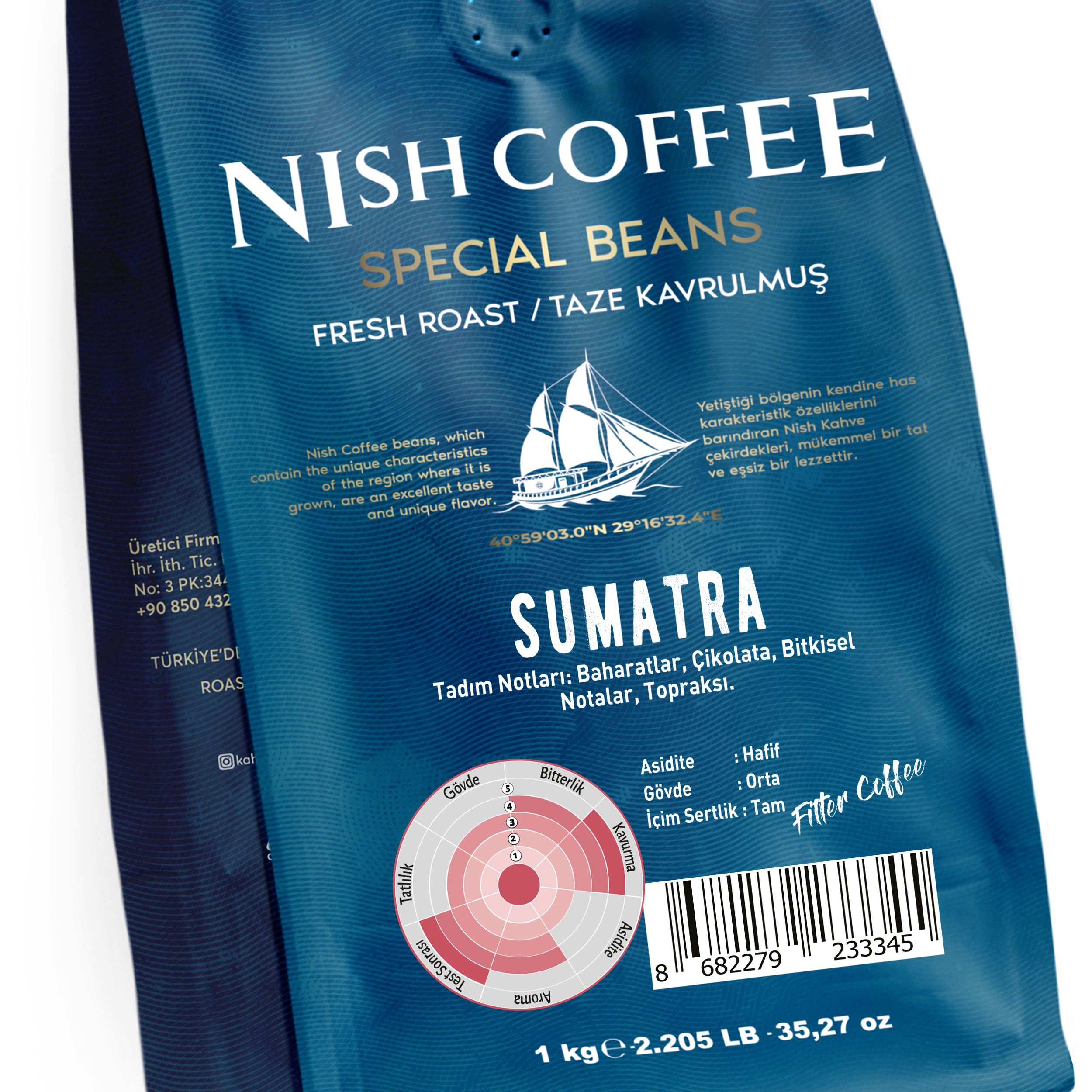Nish Coffee poşeti, Sumatra çekirdekleri, metin ve bir yelkenli gemi görüntüsü ile.