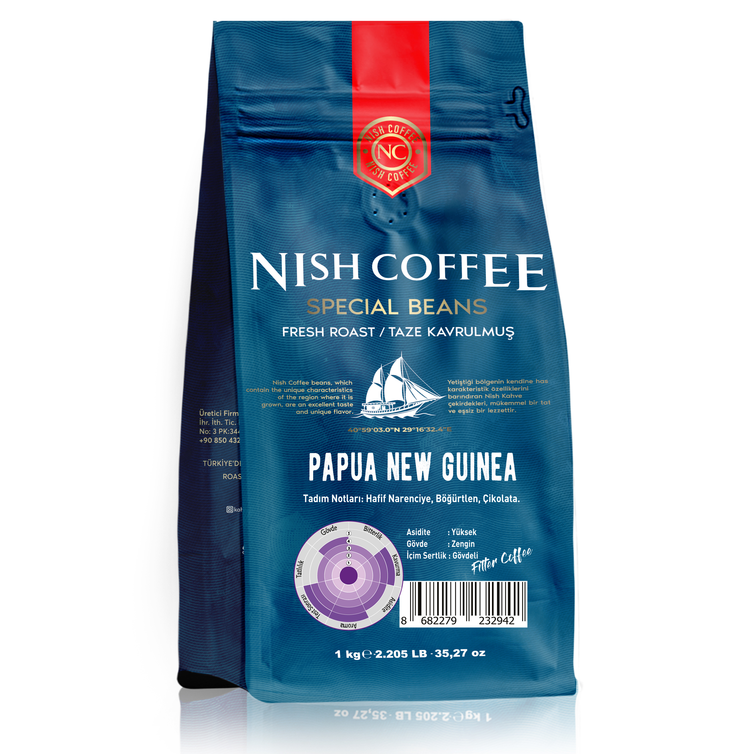 Mavi Nish Coffee torbası, metin ve gemi illüstrasyonu, Papua Yeni Gine menşeli, beyaz zemin üzerinde.