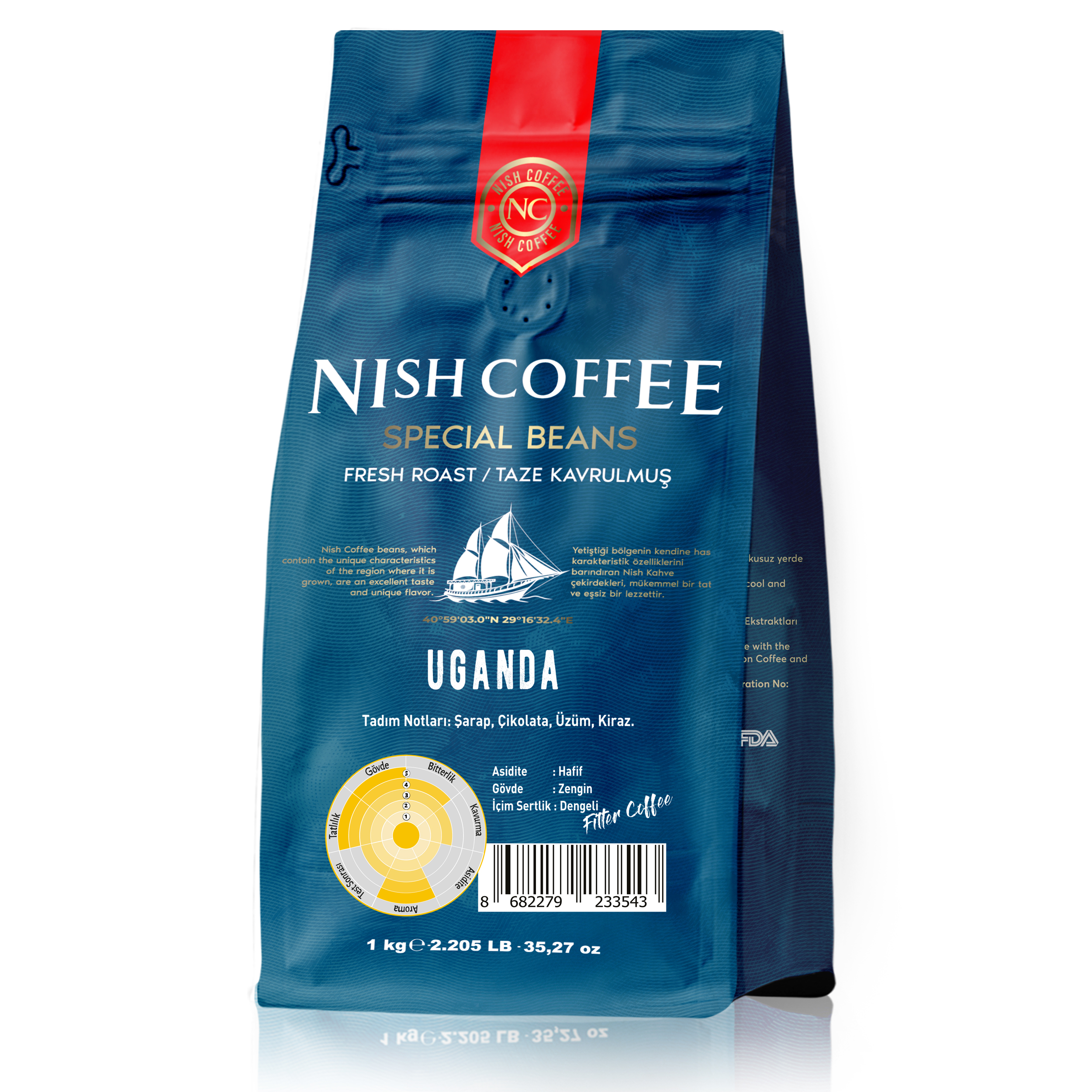 Mavi kahve poşeti, Nish Coffee, Uganda çekirdekleri, yelkenli, 1 kg.