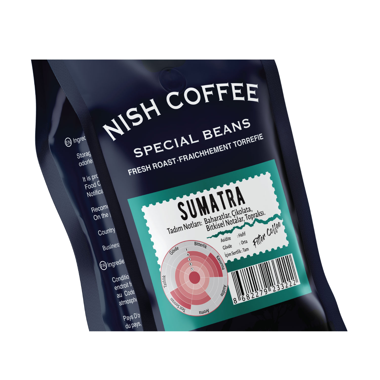 Kahve çekirdeği poşeti. Metin: Nish Coffee, Sumatra, Fresh Roast. Bir lezzet profili diyagramı içerir.