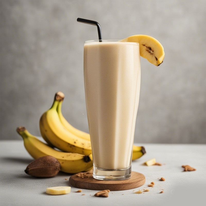 Uzun bir bardakta pipetli muzlu bir smoothie. Yakında muz var.