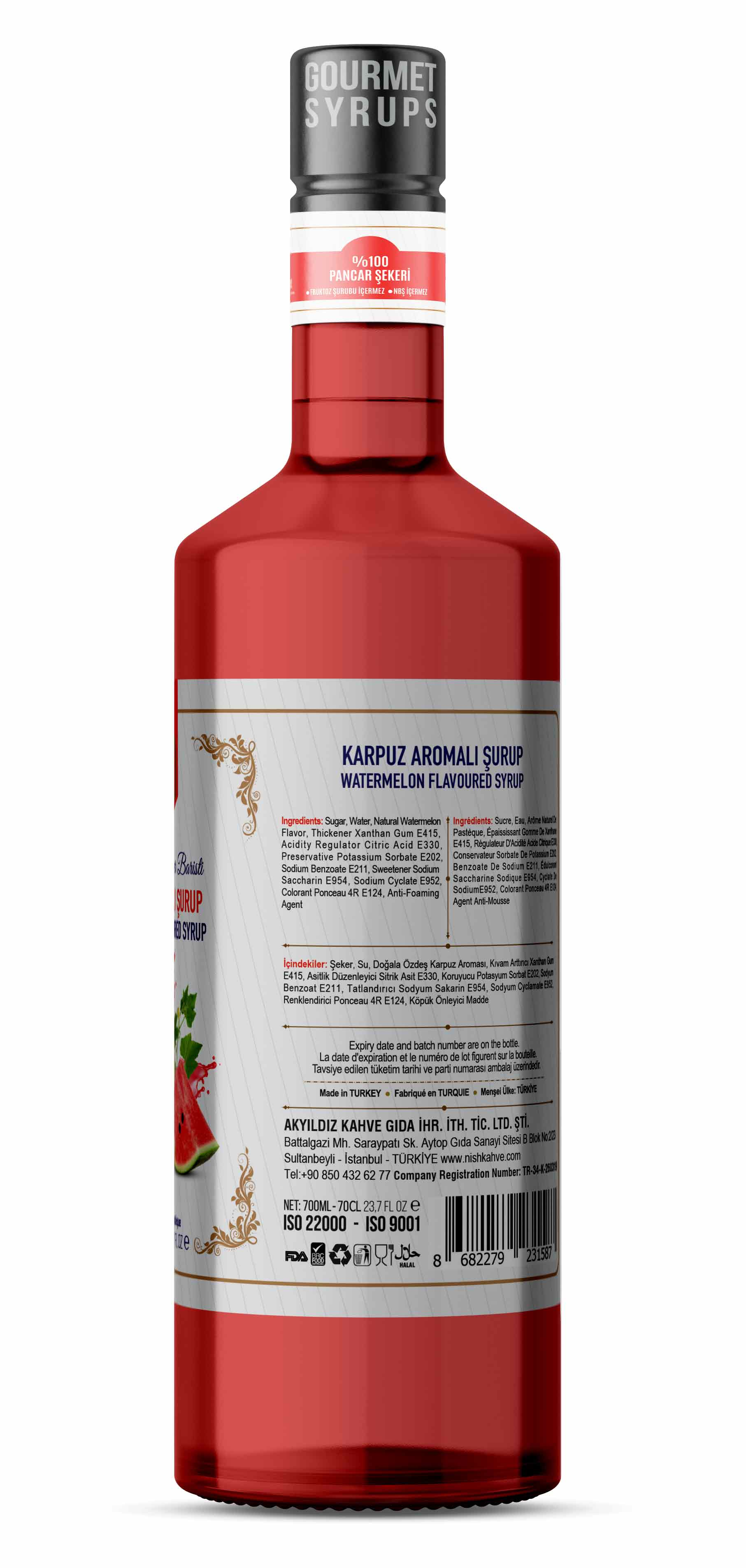 Karpuz aromalı şurupun kırmızı şişesi, metin ve etiketle.