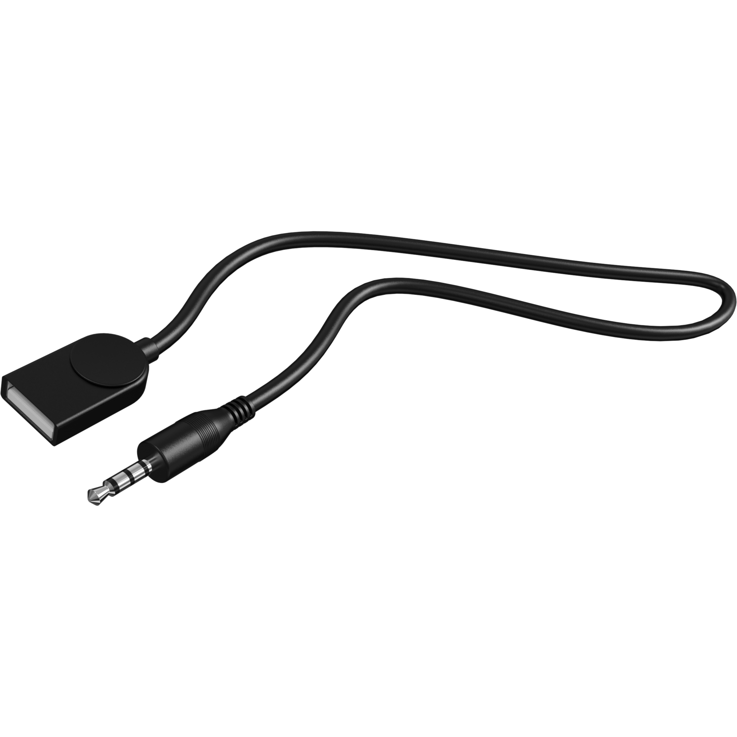 Câble adaptateur USB vers 3,5 mm noir avec un petit boîtier de commande noir.