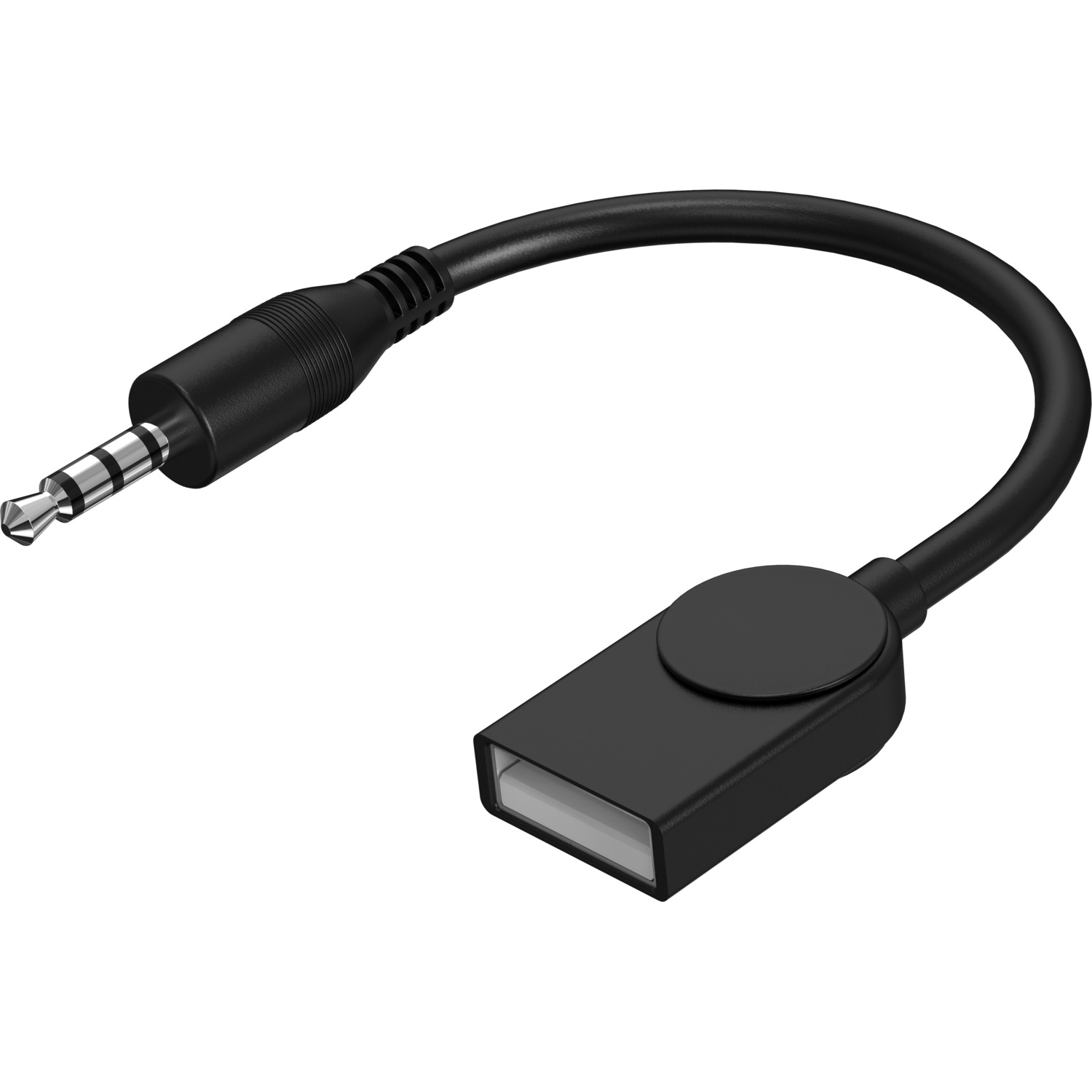 Câble adaptateur USB vers prise jack 3,5 mm noir. Adaptateur avec USB et prise jack 3,5 mm. Fond blanc.