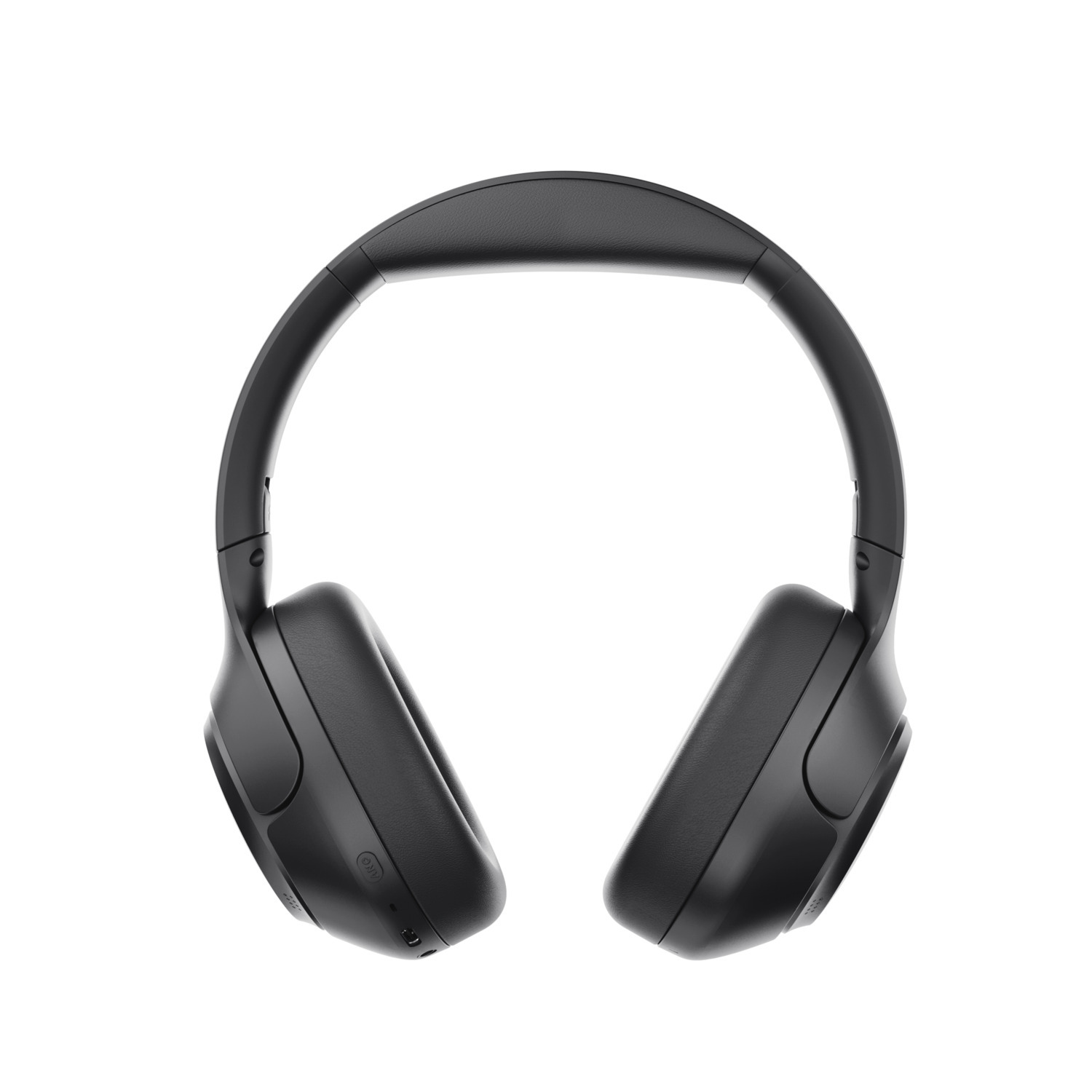 Casque audio noir, vu de côté, avec bouton d'alimentation et détails.