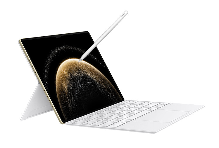 Tablet z rysikiem i klawiaturą. Ekran wyświetla złotą planetę na ciemnym tle.