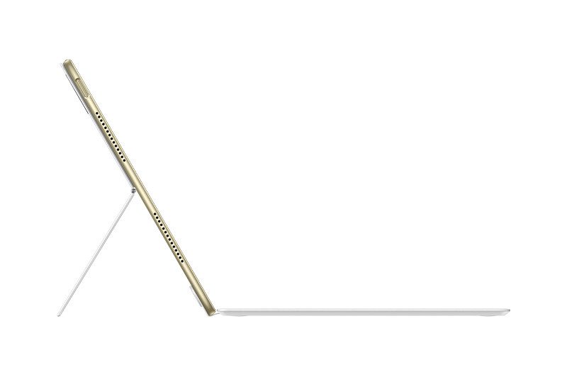 Tablet z podstawką na klawiaturę, widok z boku.