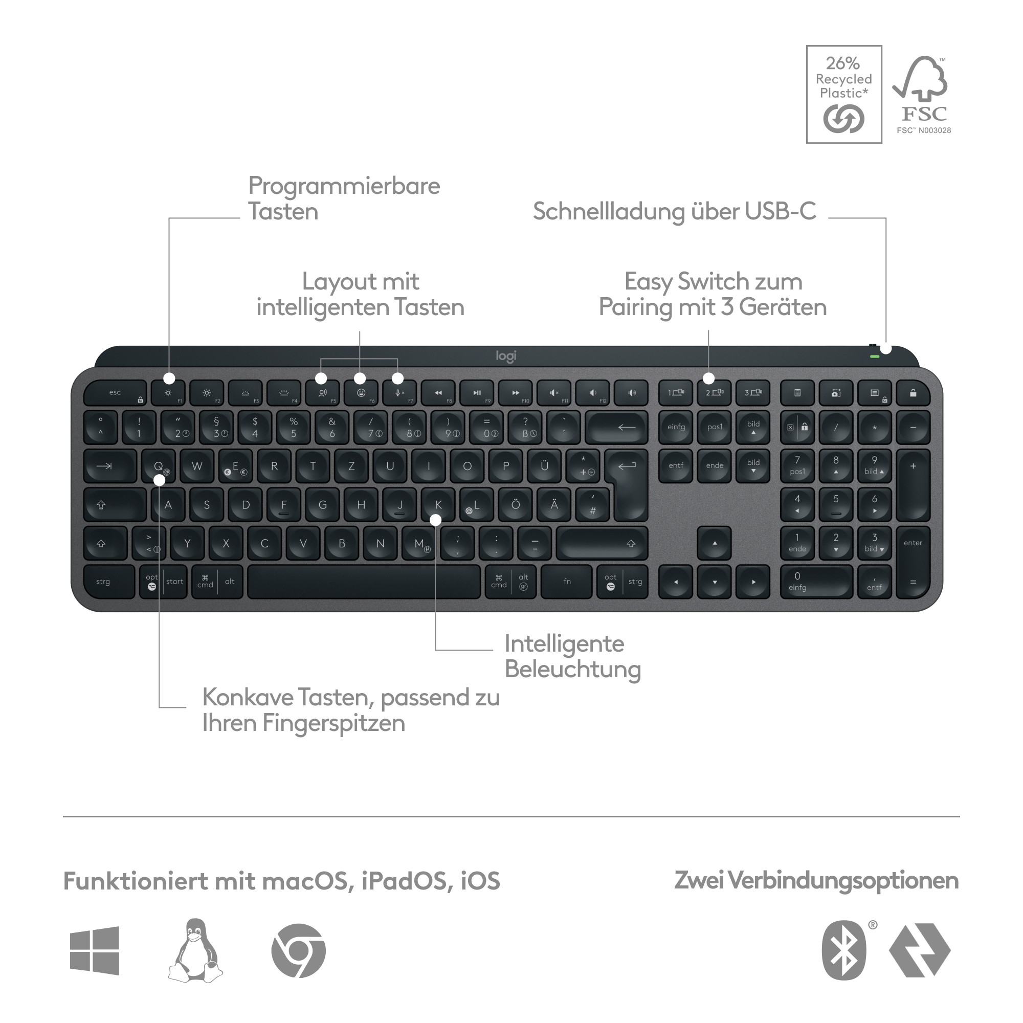 Tastatur mit Mac-Layout, mit Handgelenkauflage.