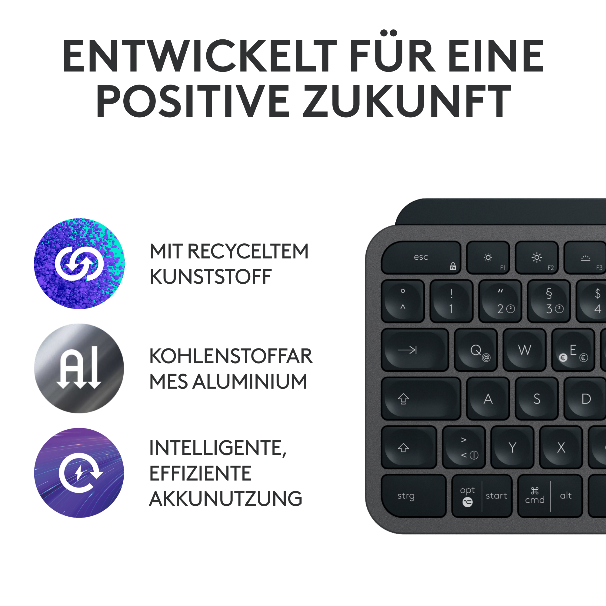 Tastatur mit Text: entwickelt für eine positive Zukunft.