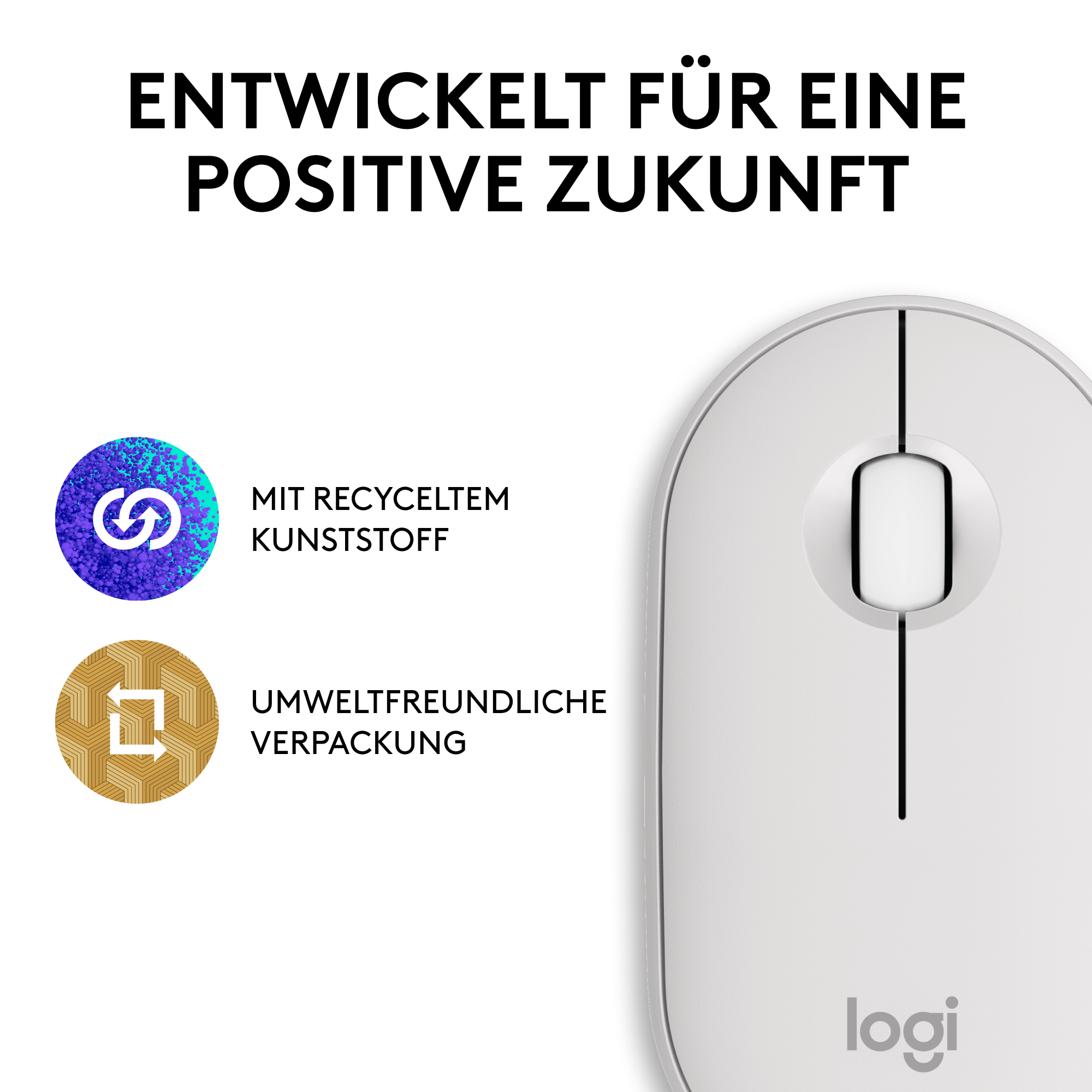 Weiße Logitech-Maus mit Text und Logos. Text: 'Entwickelt für eine positive Zukunft'.