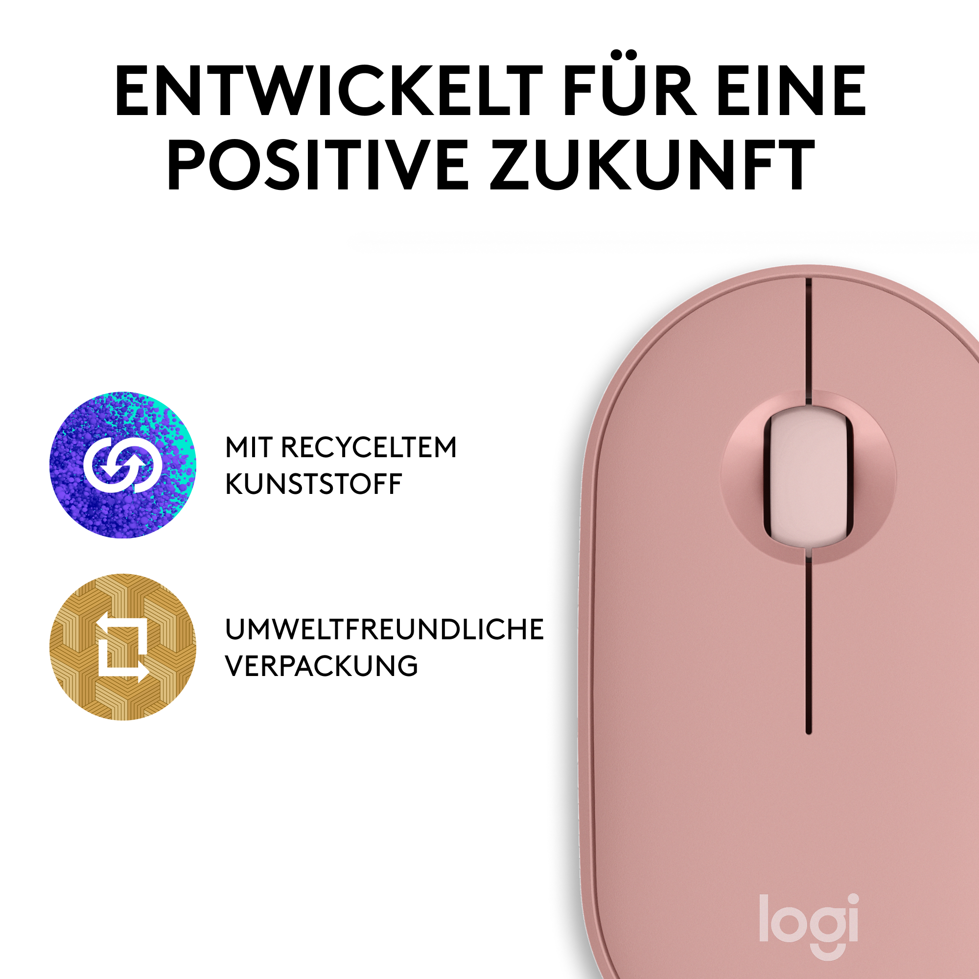 Rosa kabellose Maus mit Text. Enthält Recycling- und umweltfreundliche Verpackungssymbole.