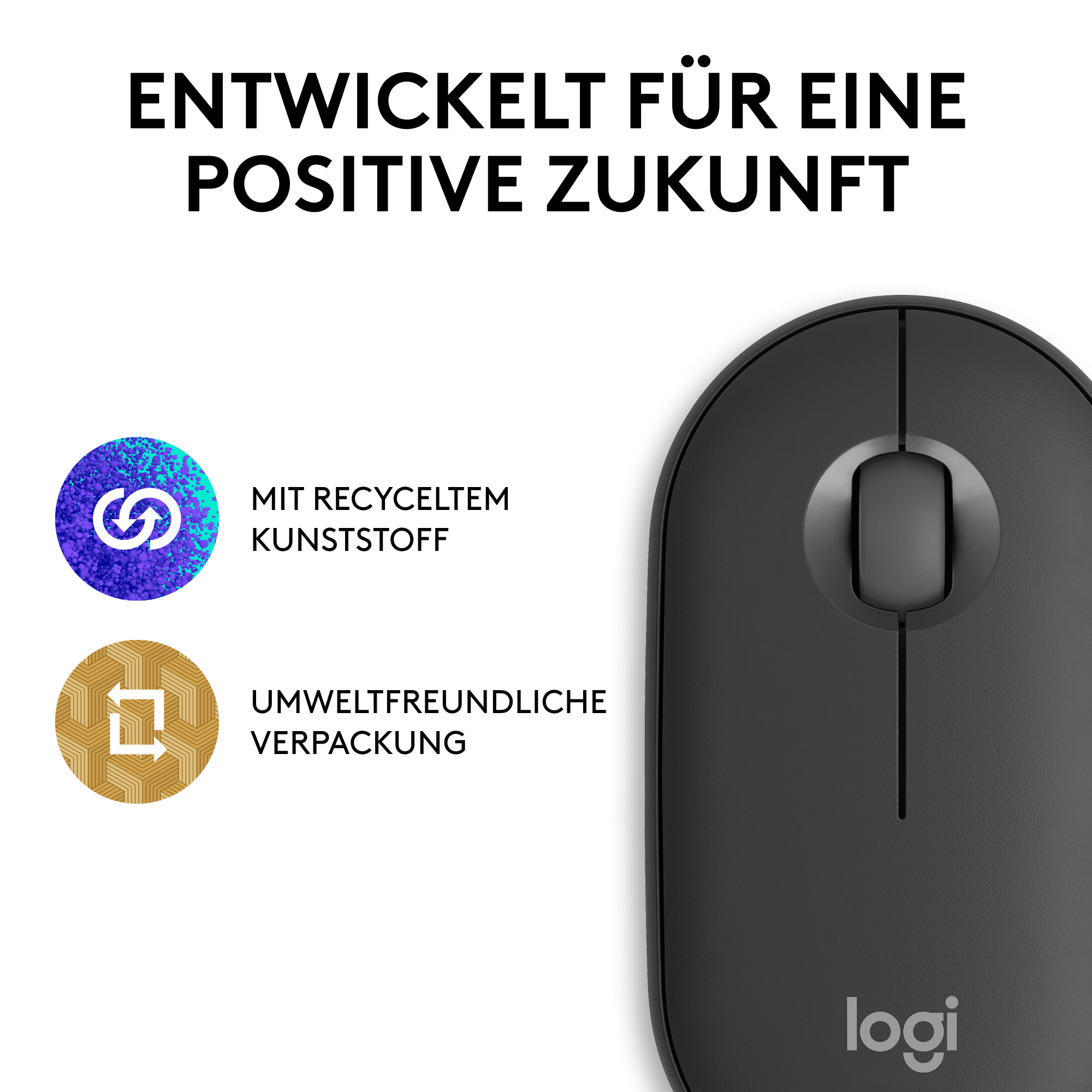 Eine schwarze Computermaus mit Text und Symbolen zu recycelten Materialien und Verpackungen.