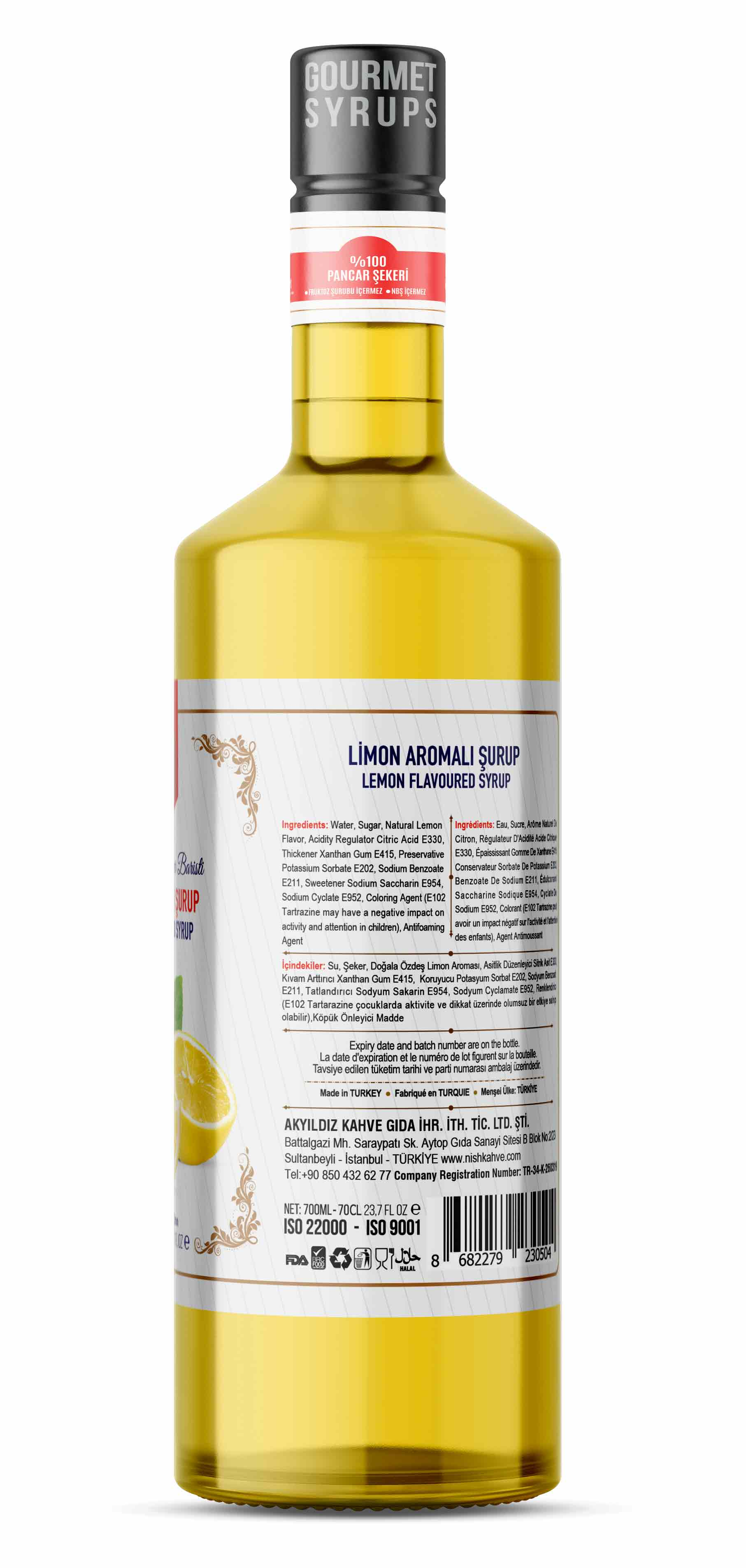 Limon aromalı şurup şişesi, metin ve içerik listesi ile.