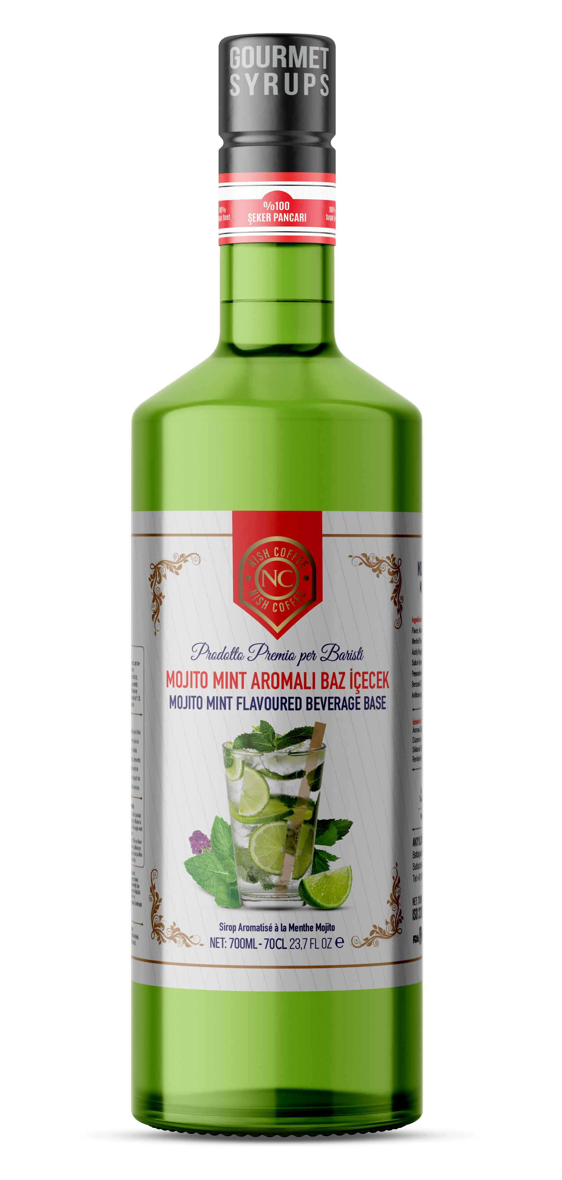 Şeffaf etiketli, Mojito Mint aromalı içecek bazı yeşil bir şişe.