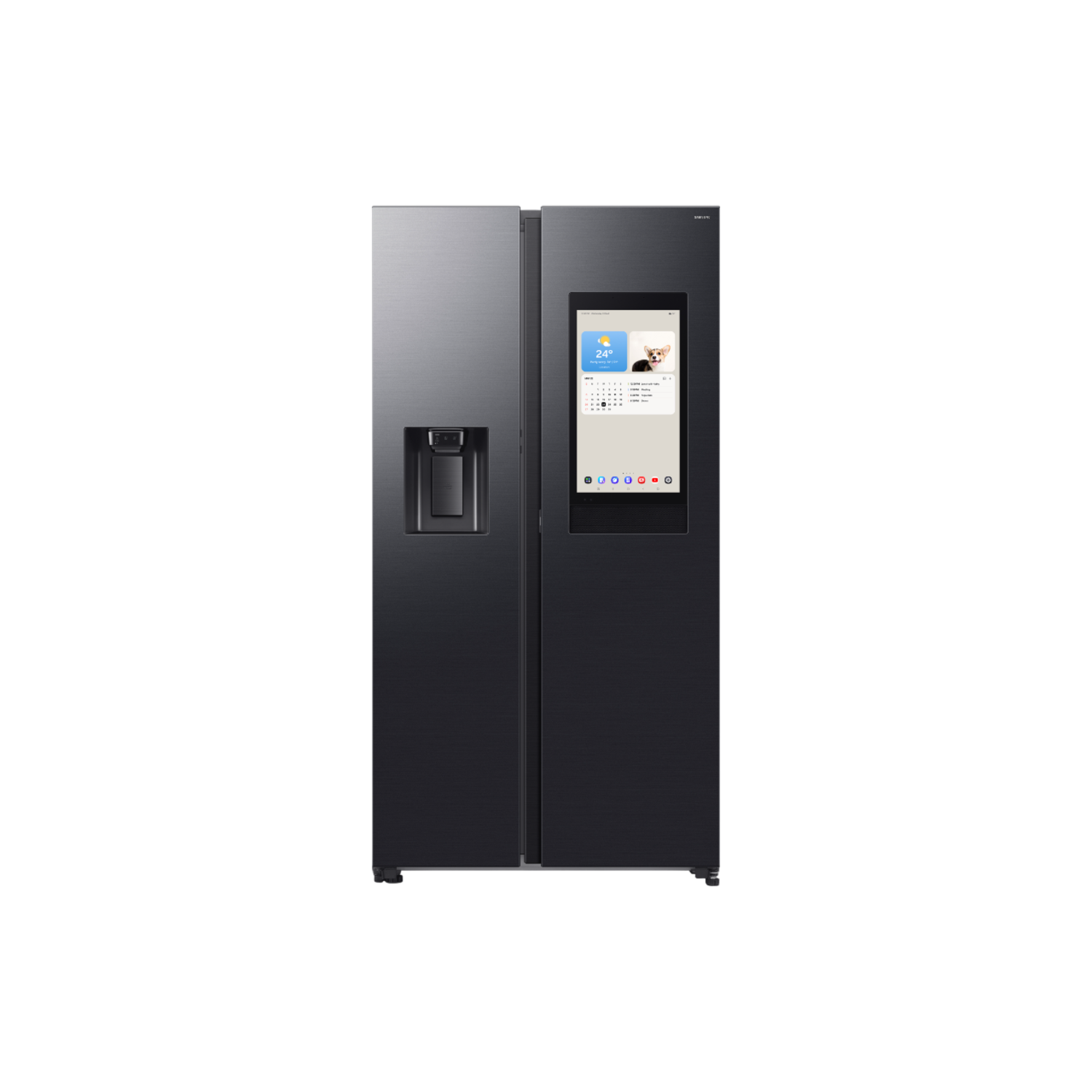 Zwarte Samsung koelkast met een touchscreen op de deur. Een scherm toont een kalender en een hond.