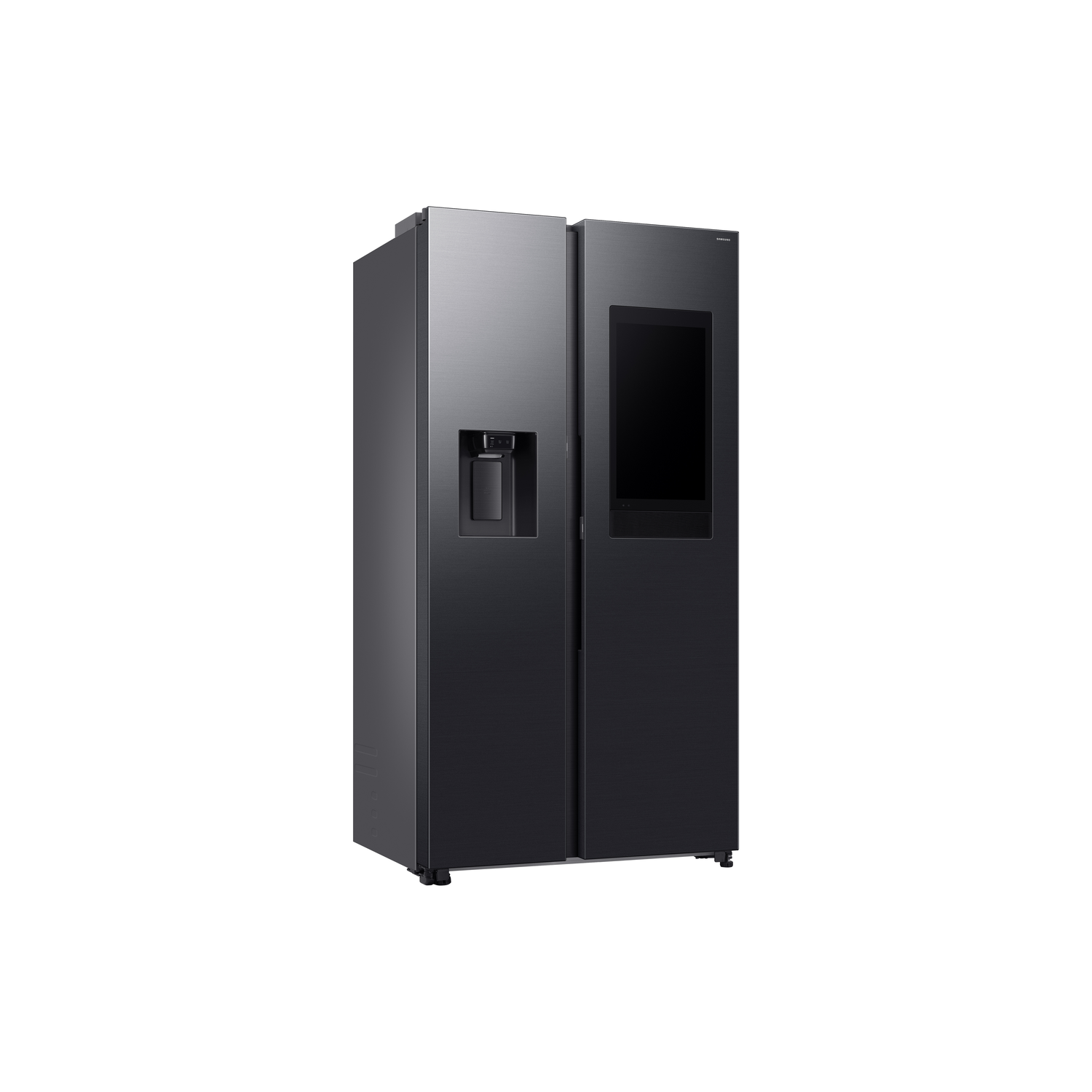 Zwarte side-by-side koelkast met waterdispenser en touchscreen.