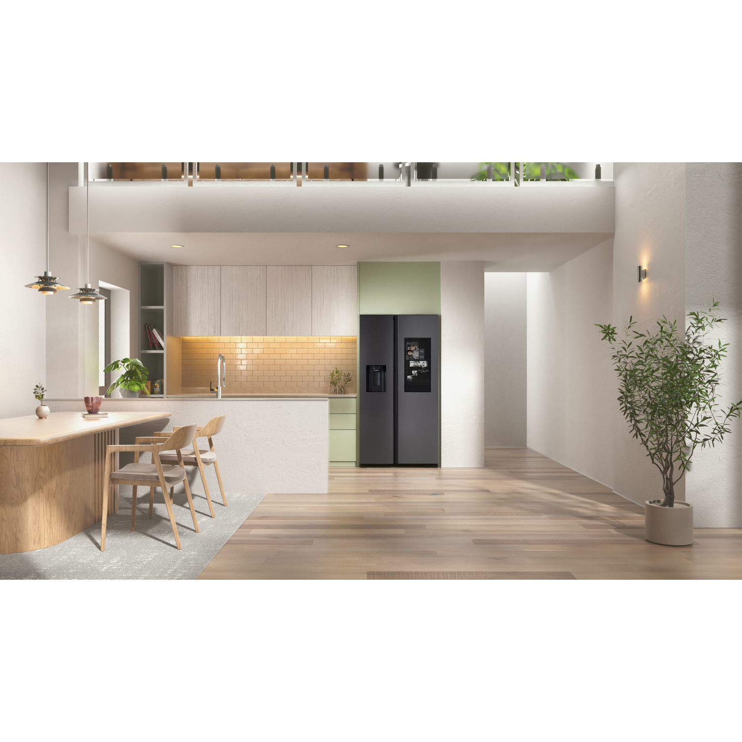 Modern keukeninrichting met zwarte koelkast. Een tafel met stoelen staat op de voorgrond.