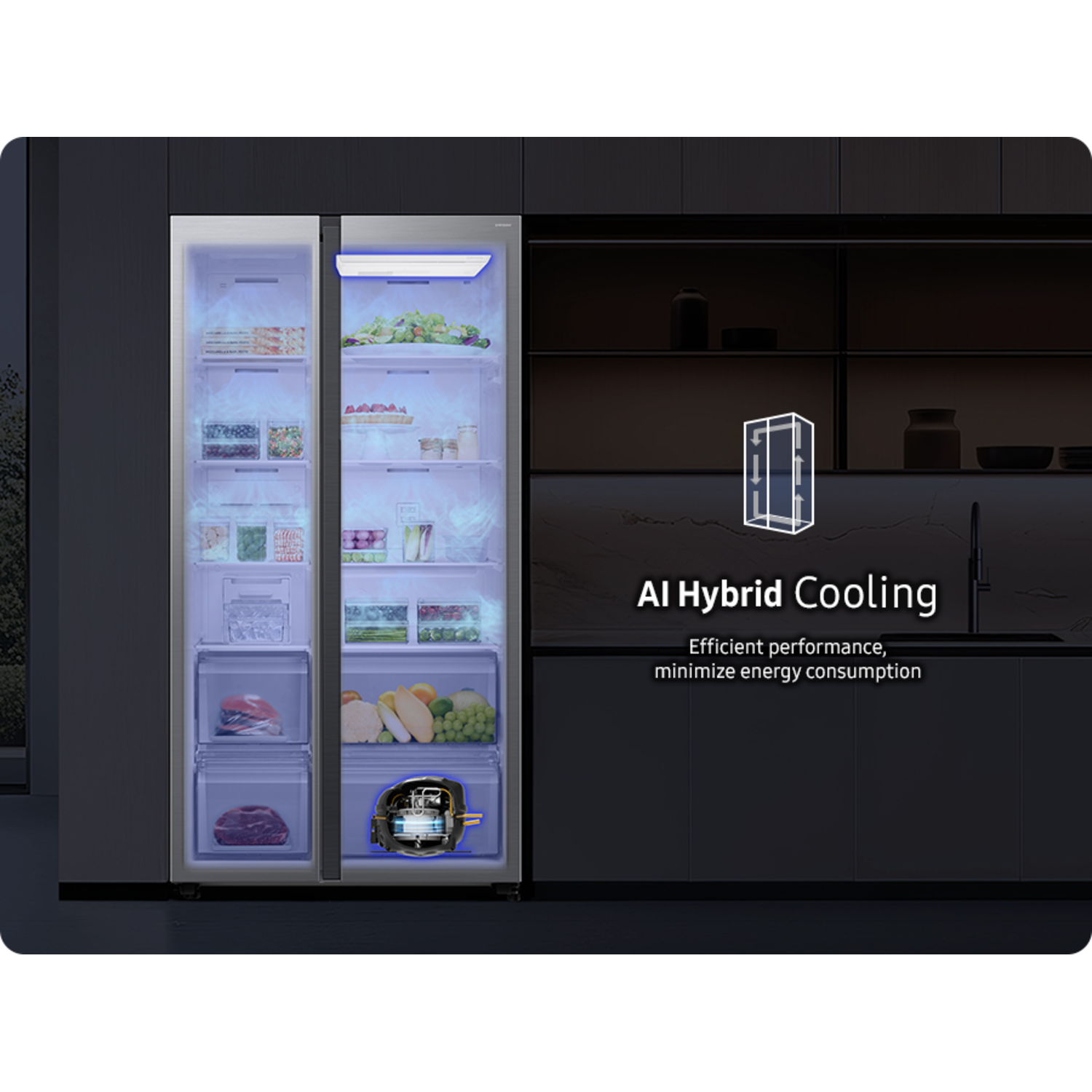 Interieur van de koelkast met het AI Hybrid Cooling-systeem, met etenswaren.