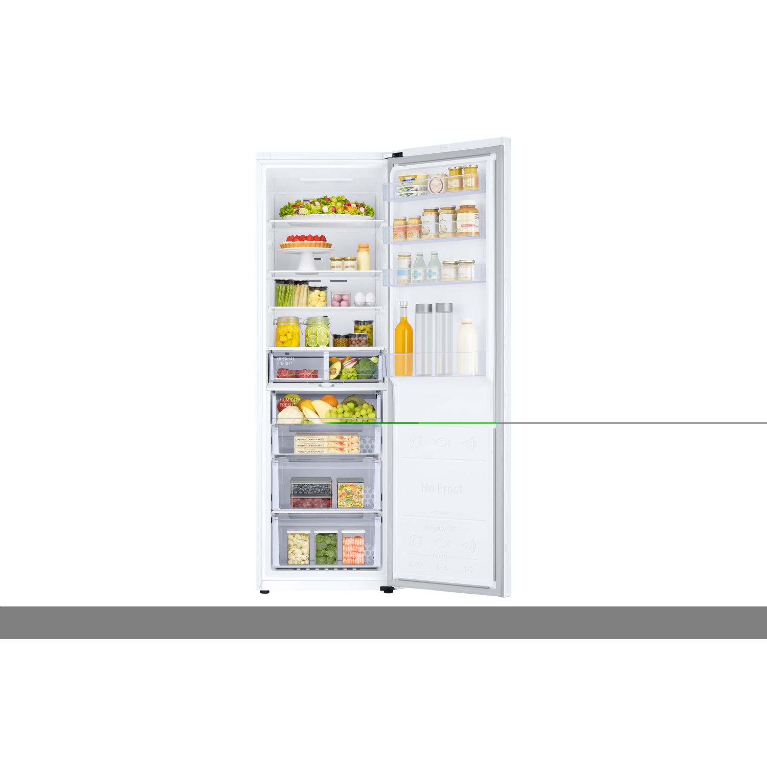 An open refrigerator filled with food items. Shelves and drawers are organized with various foods.