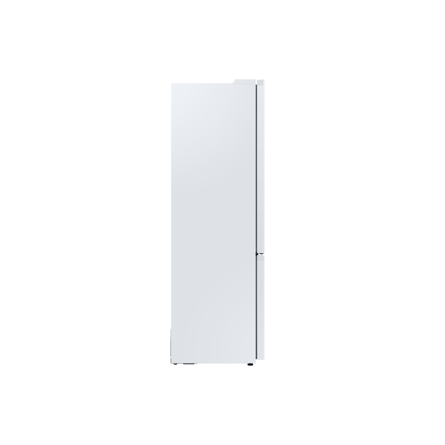 A white refrigerator on a white background, side view.