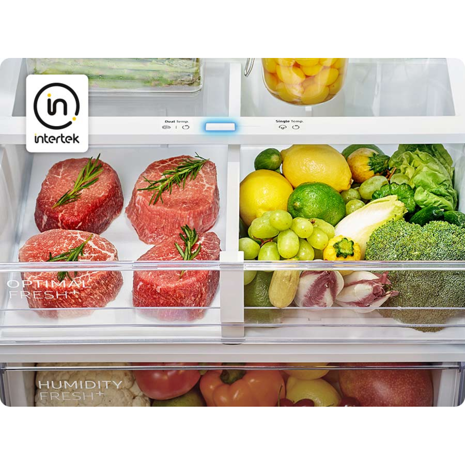Refrigerator interior with food items in drawers. Vegetables and meat.