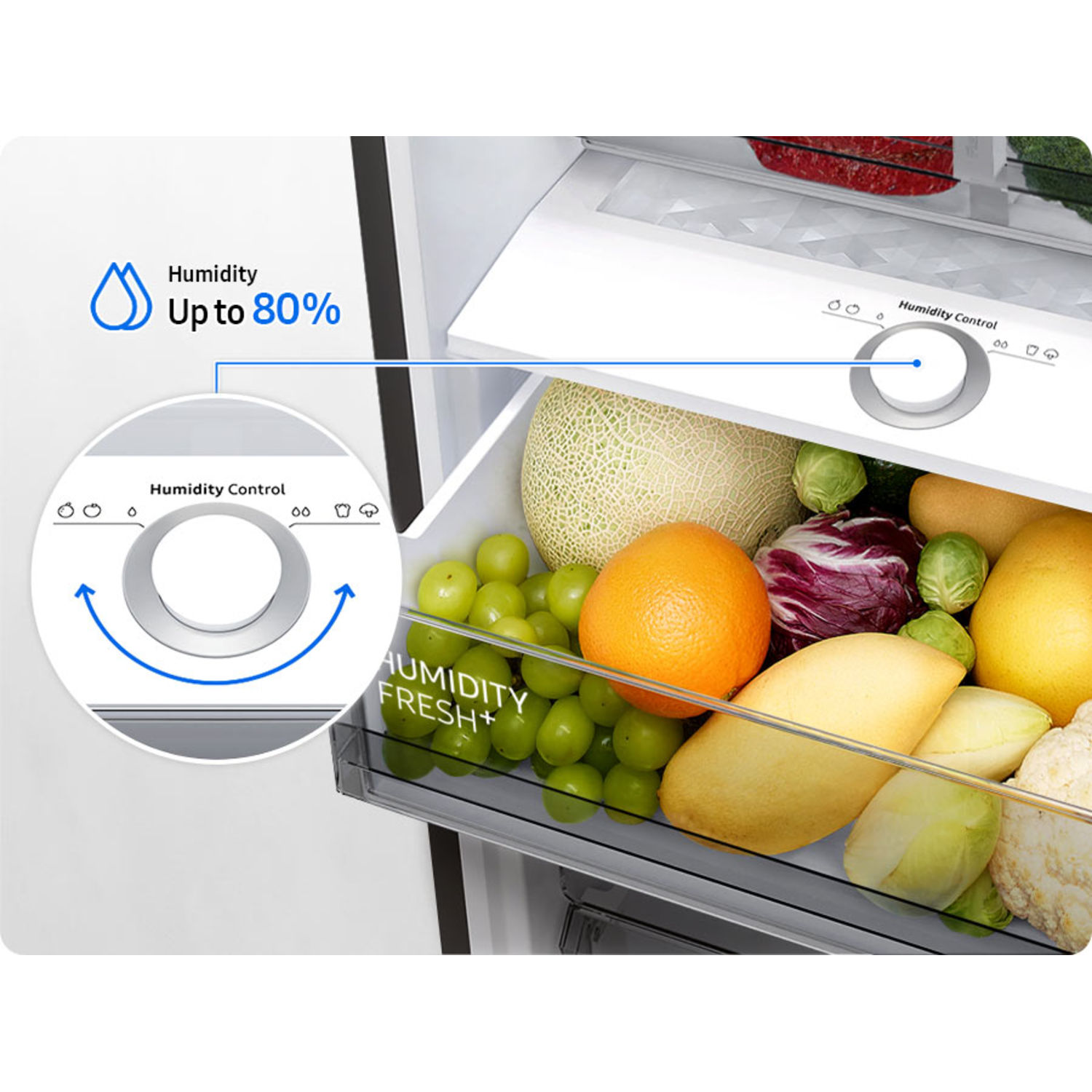 Refrigerator interior with fruits and vegetables, humidity control.