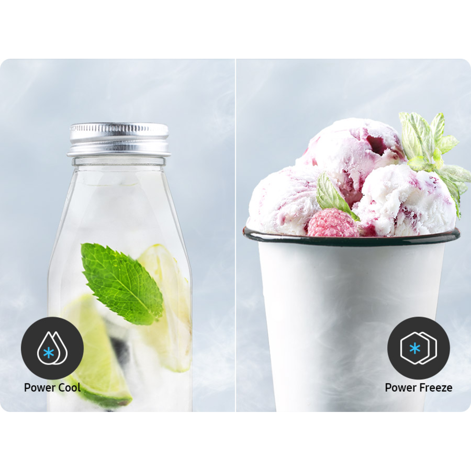 Two images: a bottle of water with lime and a cup of ice cream with berries.