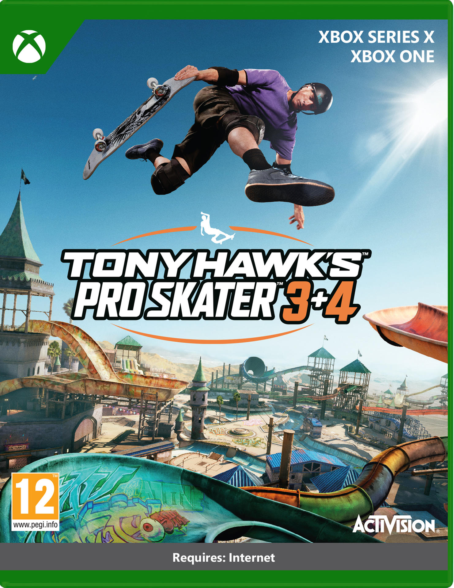 Spielbox für Tony Hawk's Pro Skater 3 + 4. Skateboarder in der Luft. Heller Himmel.
