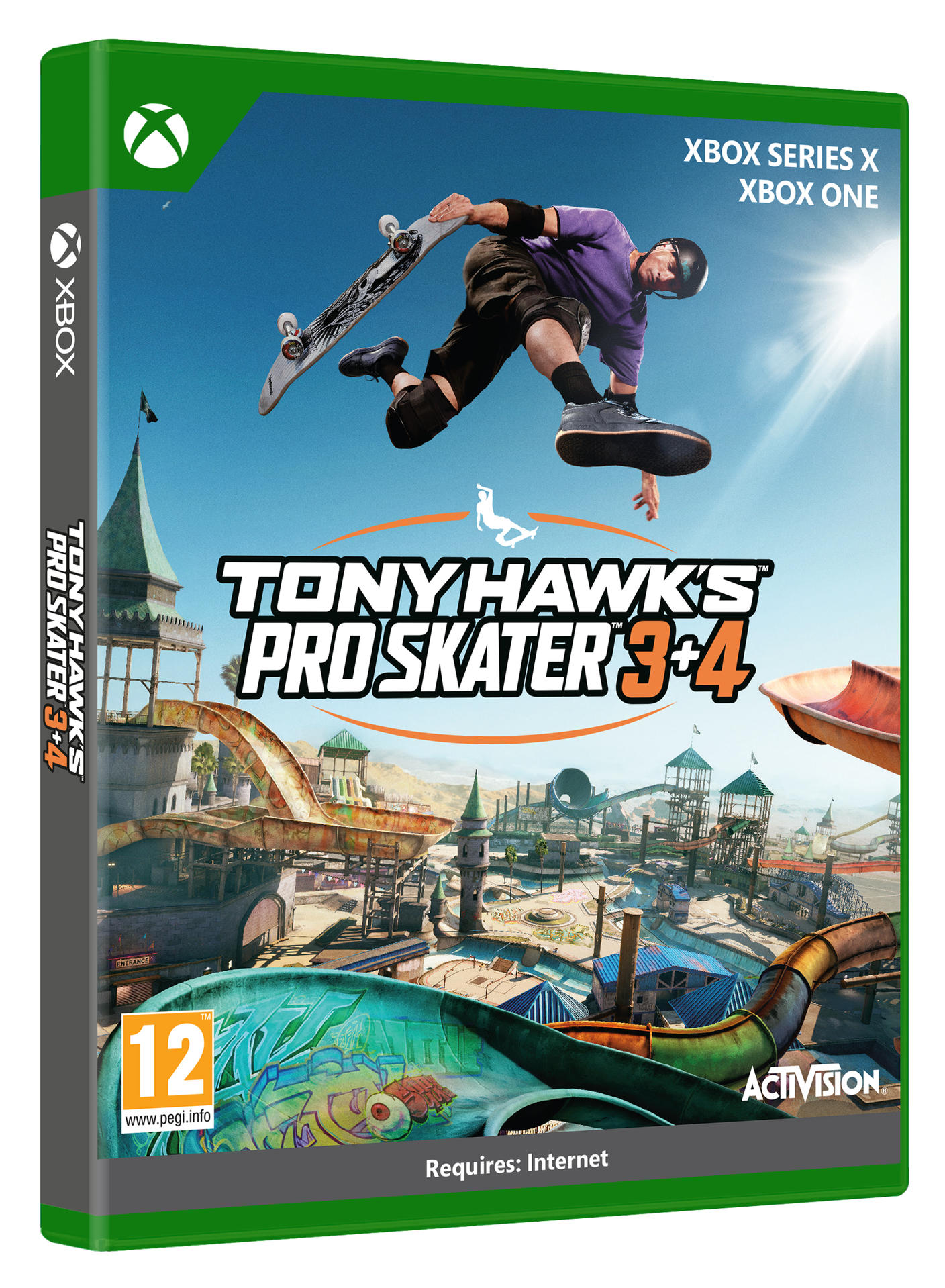 Spielbox für Tony Hawk's Pro Skater 3+4. Zeigt einen Skater und eine Spielszene.