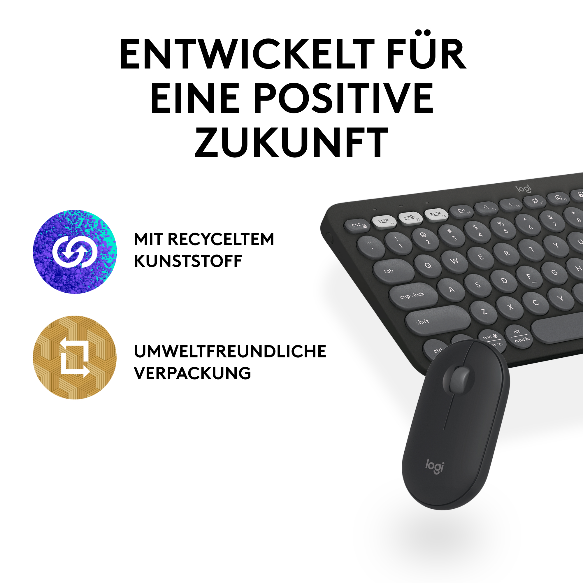 Eine Tastatur und Maus mit dem Text 'Entwickelt für eine positive Zukunft'.