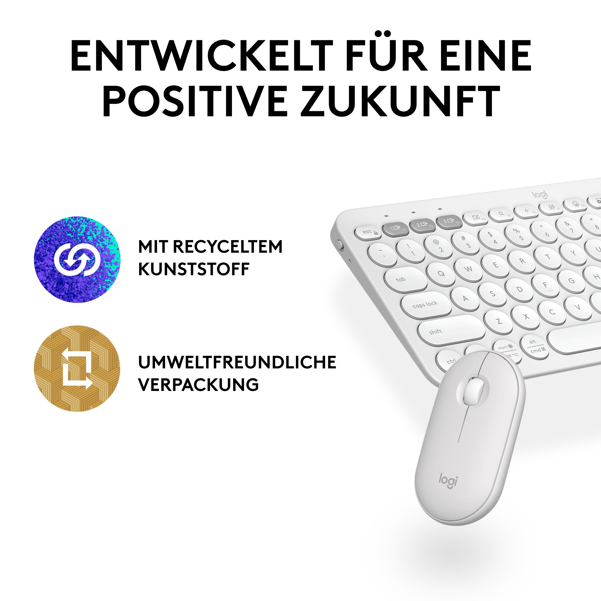 Ein weißes Tastatur- und Maus-Set mit Symbolen, Text und Recycling-Logo, auf Weiß.