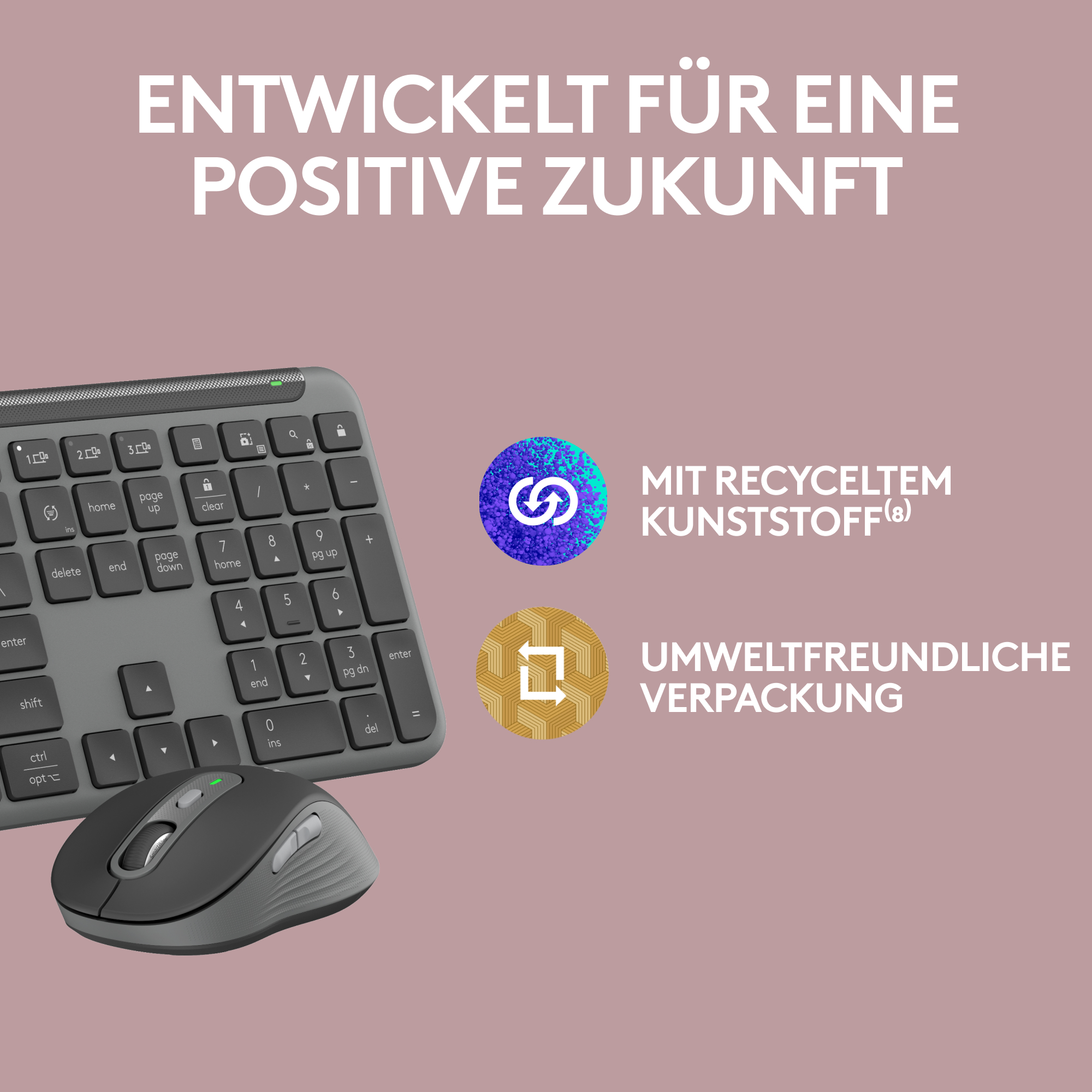 Tastatur und Maus auf pinkfarbenem Hintergrund mit Text über Recycling und Verpackung.