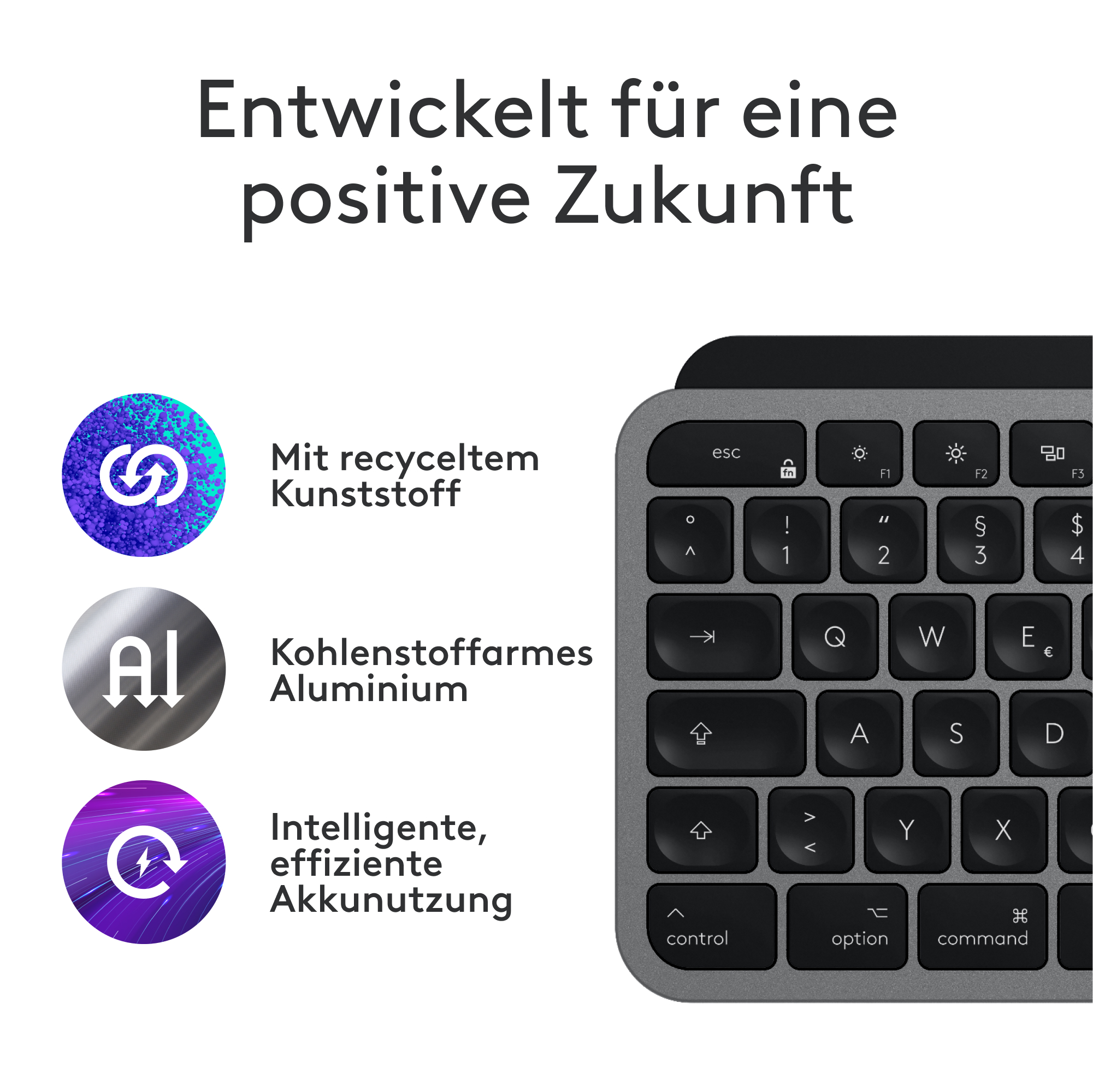 Nahaufnahme einer Tastatur mit Text und Logos, auf weißem Hintergrund.