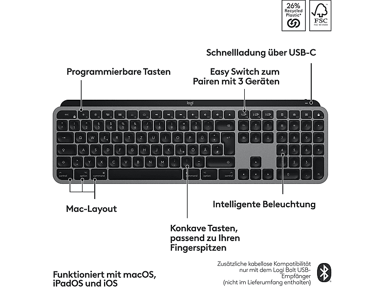 LOGITECH LOGITECH MX Keys S für Mac, Kabellose Tastatur, DEU (Qwertz), Space Grey — Foto 4 von 4