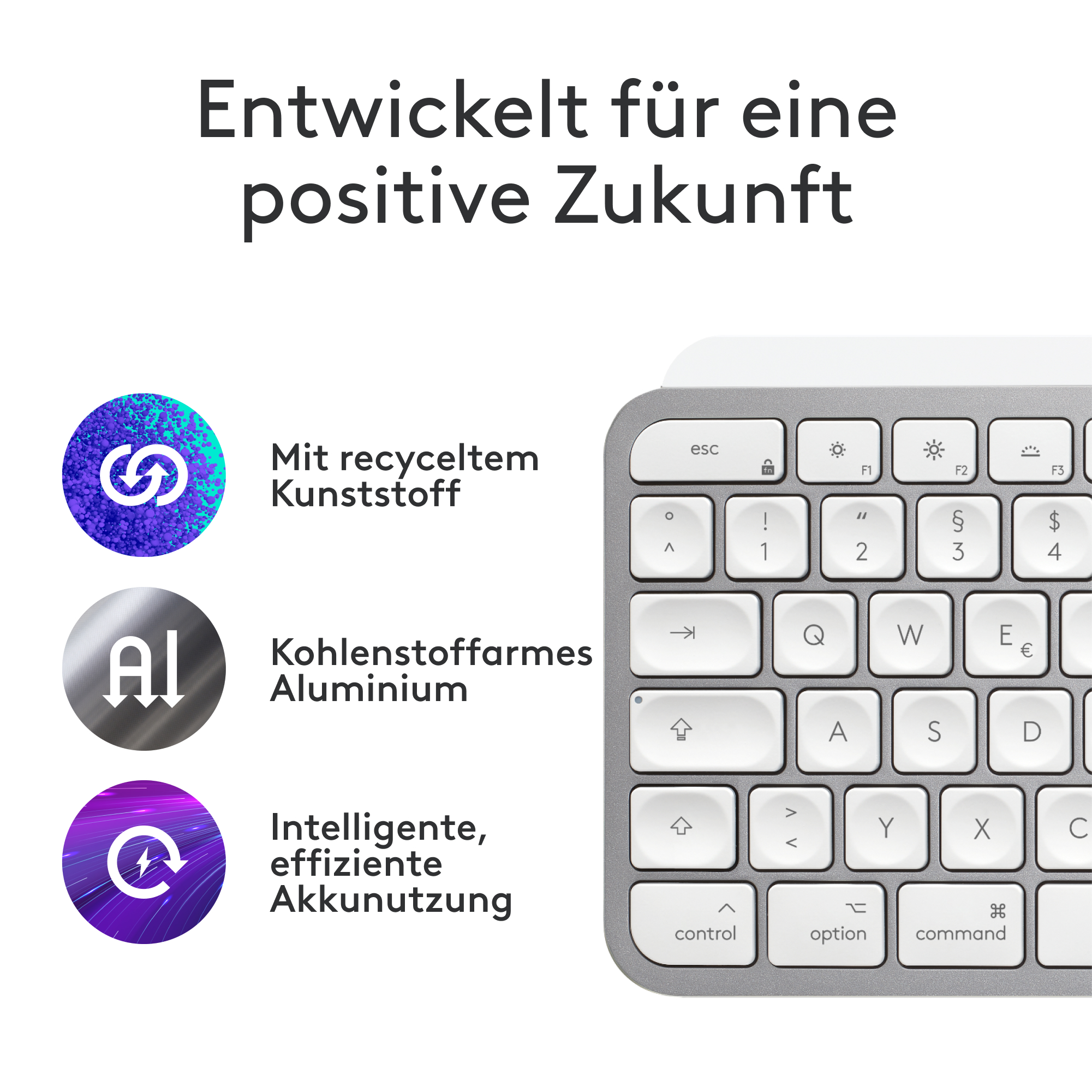 Eine Tastatur mit Symbolen, die Recycling, Aluminium und Batterie beschreiben.