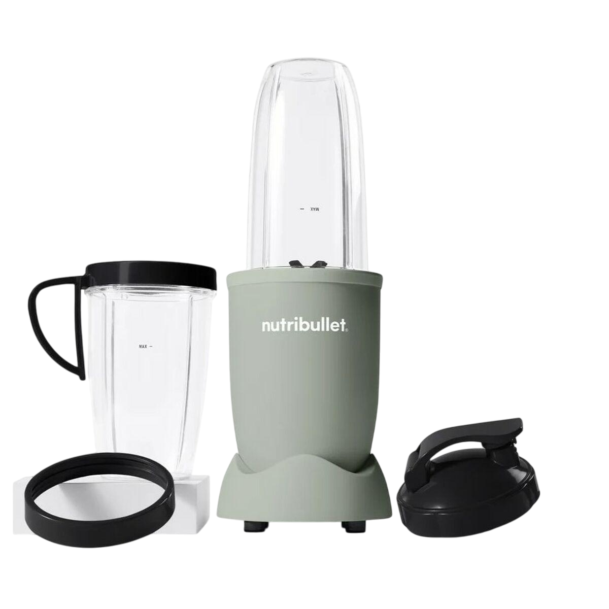 Ein grüner Nutribullet-Mixer mit zwei Bechern und einem schwarzen Deckel. Es gibt einen schwarzen Ring.
