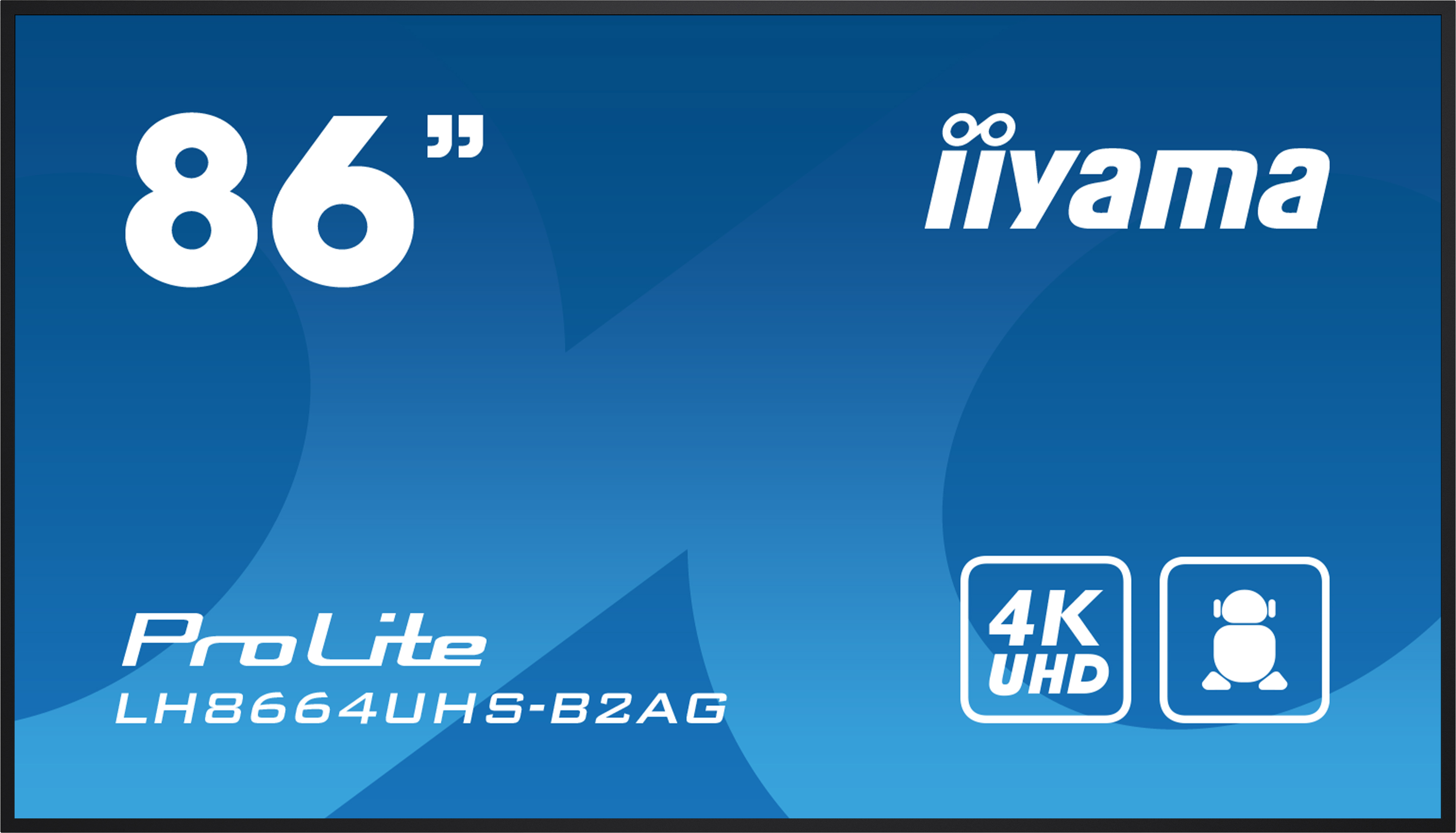 Ein 86-Zoll-iiyama ProLite 4K UHD-Fernseher auf blauem Hintergrund.