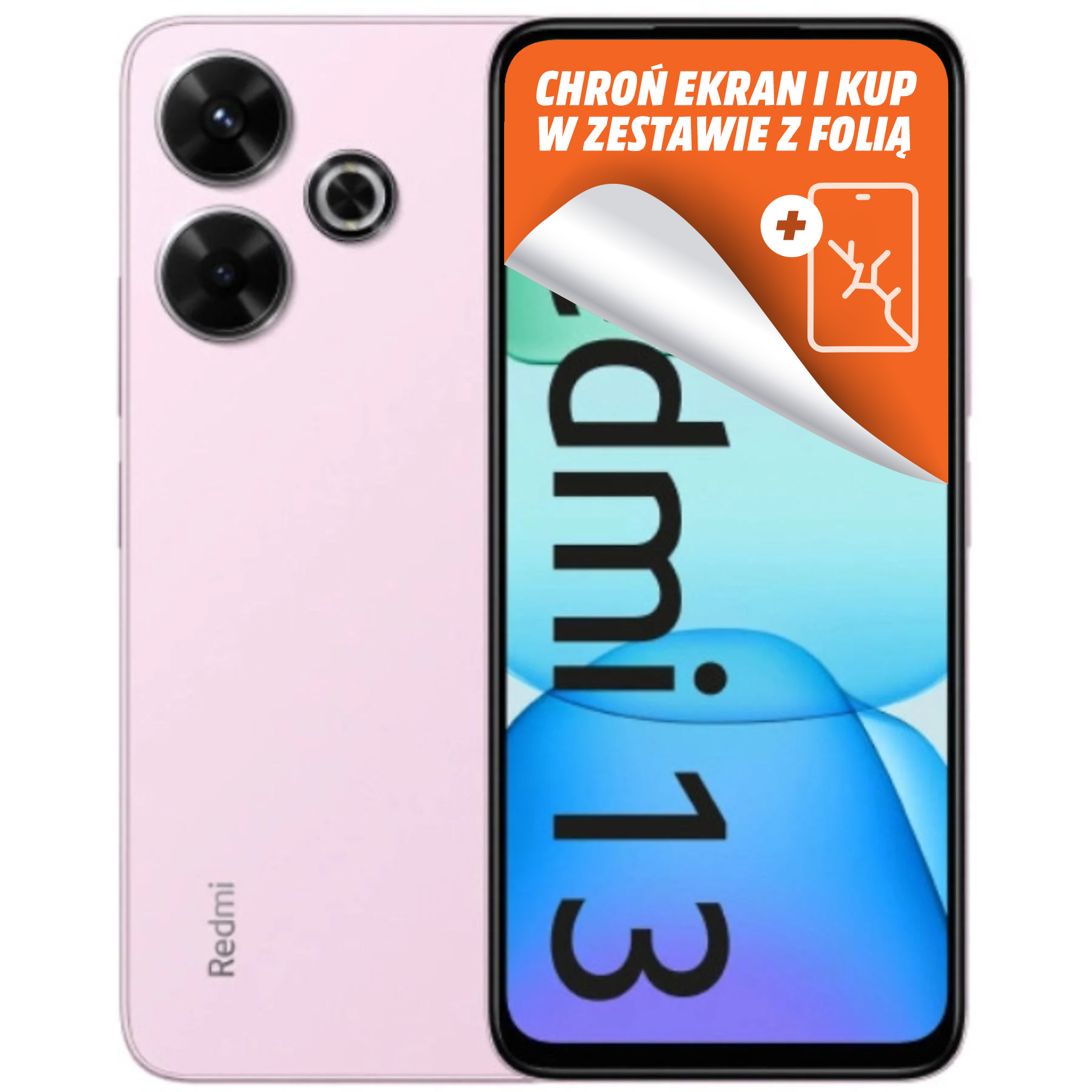 Różowy telefon Redmi, widok z tyłu, z czarnymi obiektywami aparatu. Wyświetlacz pokazuje reklamę ochraniacza.