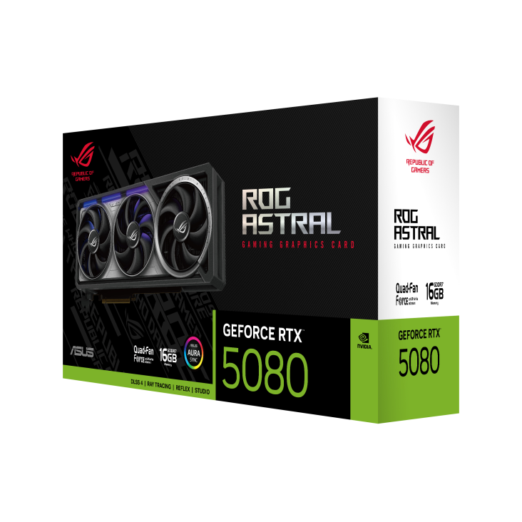 Ein Grafikkartenkarton, mit der sichtbaren Karte, ROG ASTRAL. GeForce RTX 5080 Text.